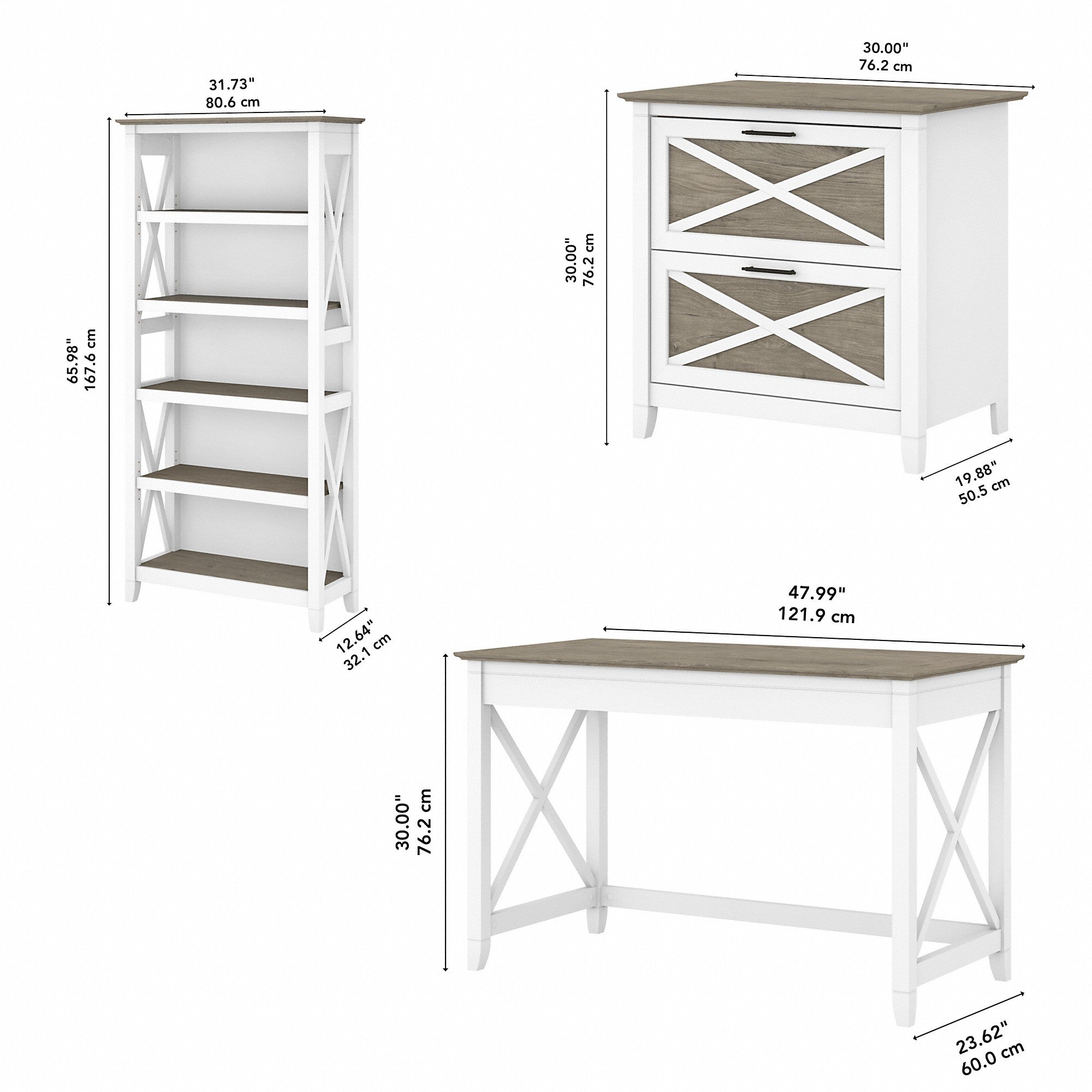 Bush Furniture Key West 48W Writing Desk with 2 Drawer Lateral File Cabinet and 5 Shelf Bookcase