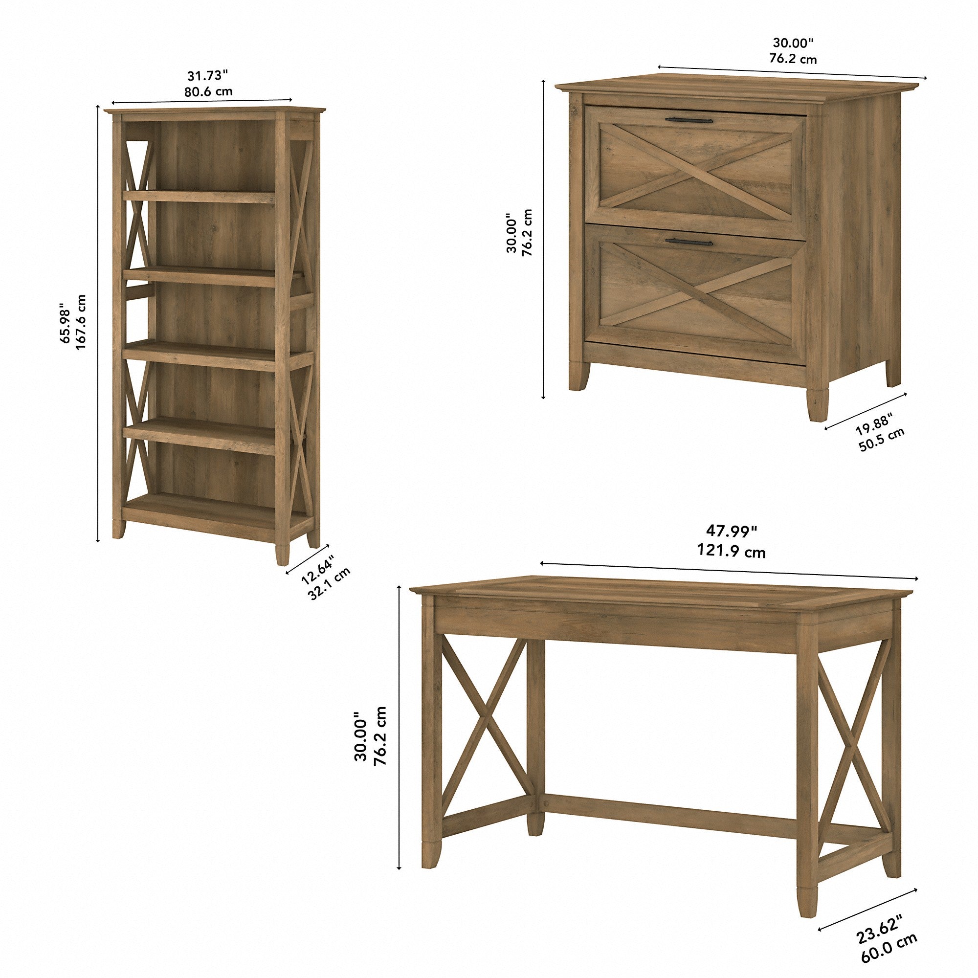 Bush Furniture Key West 48W Writing Desk with 2 Drawer Lateral File Cabinet and 5 Shelf Bookcase