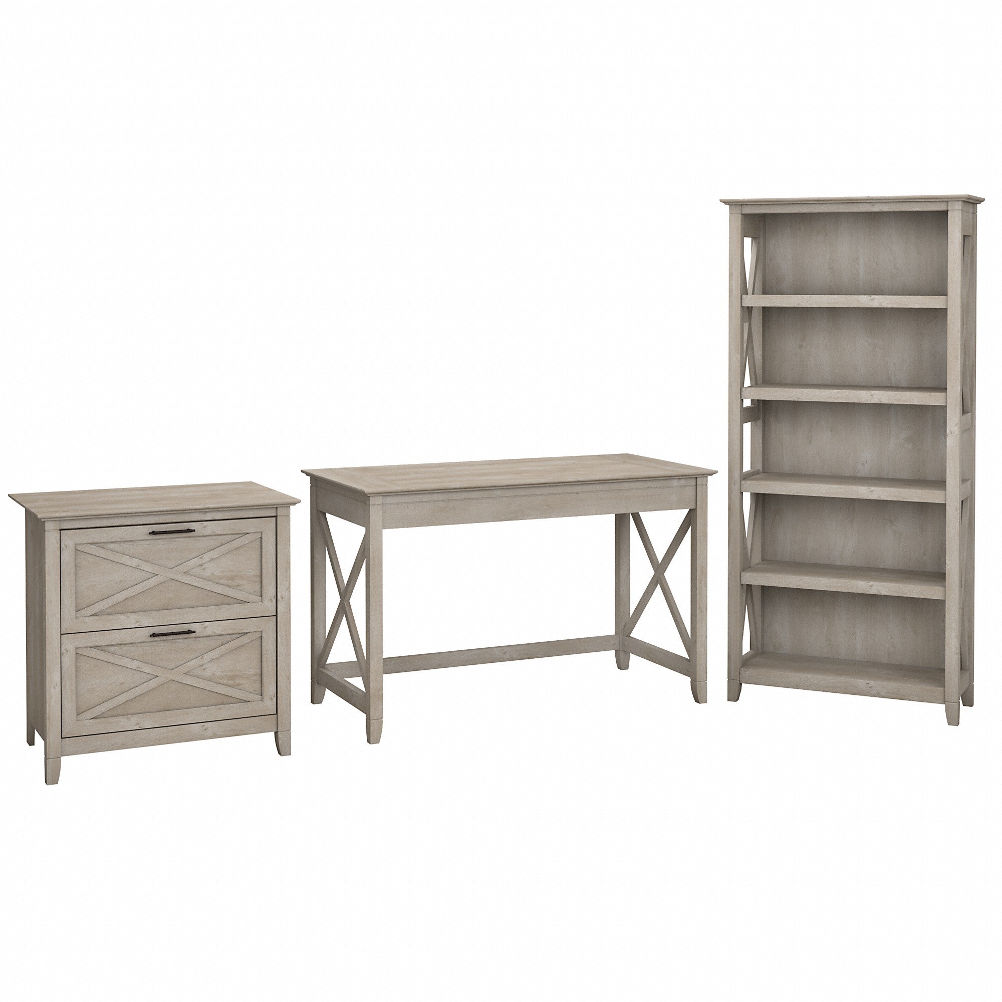 Bush Furniture Key West 48W Writing Desk with 2 Drawer Lateral File Cabinet and 5 Shelf Bookcase