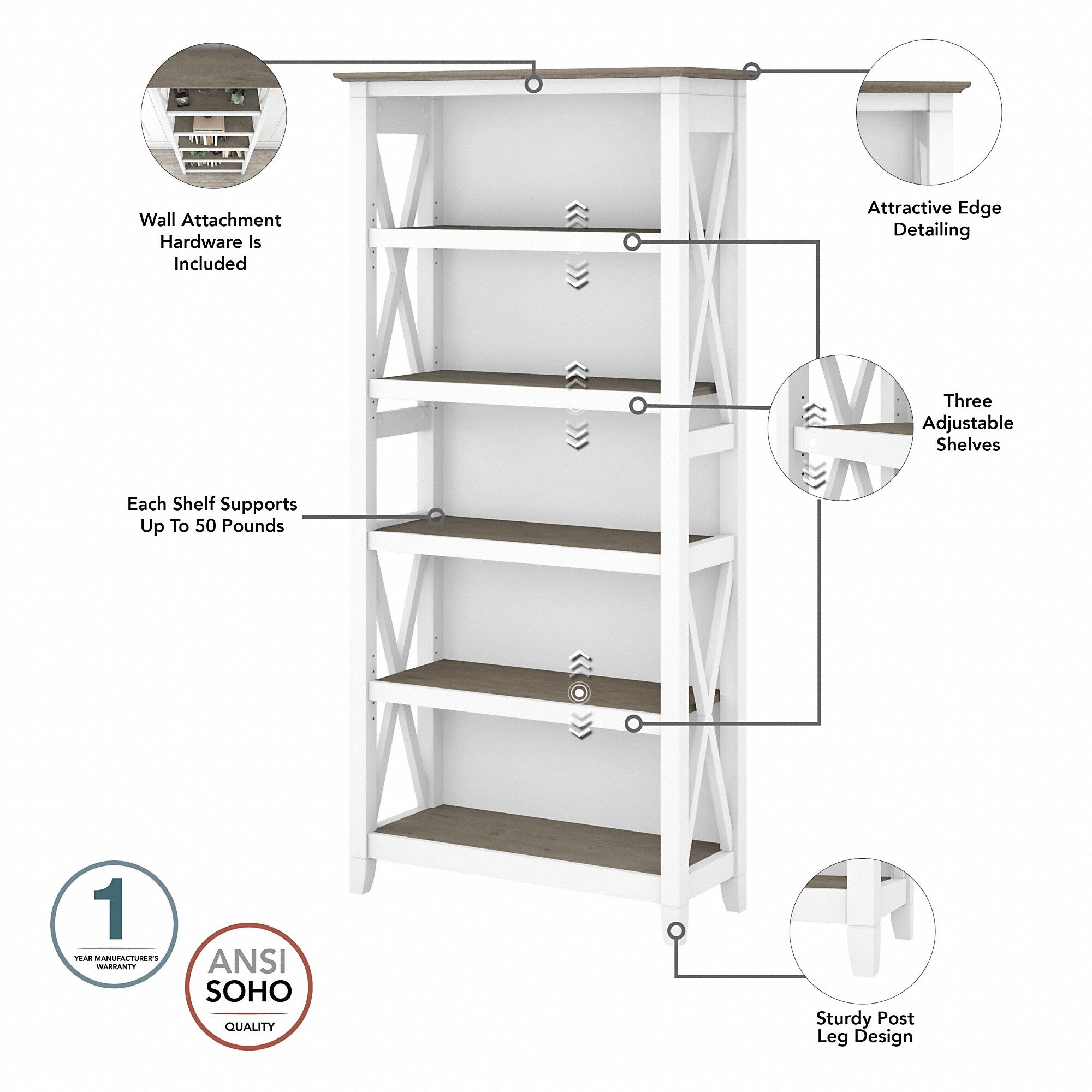 Bush Furniture Key West 54W Computer Desk with 2 Drawer Lateral File Cabinet and 5 Shelf Bookcase