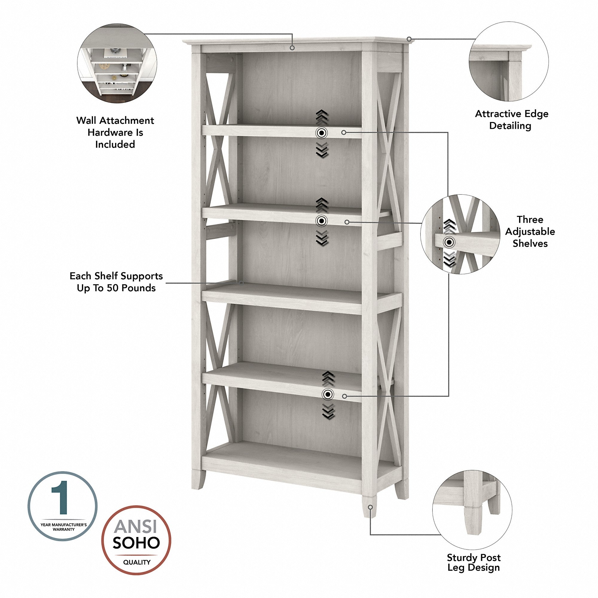 Bush Furniture Key West 54W Computer Desk with 2 Drawer Lateral File Cabinet and 5 Shelf Bookcase