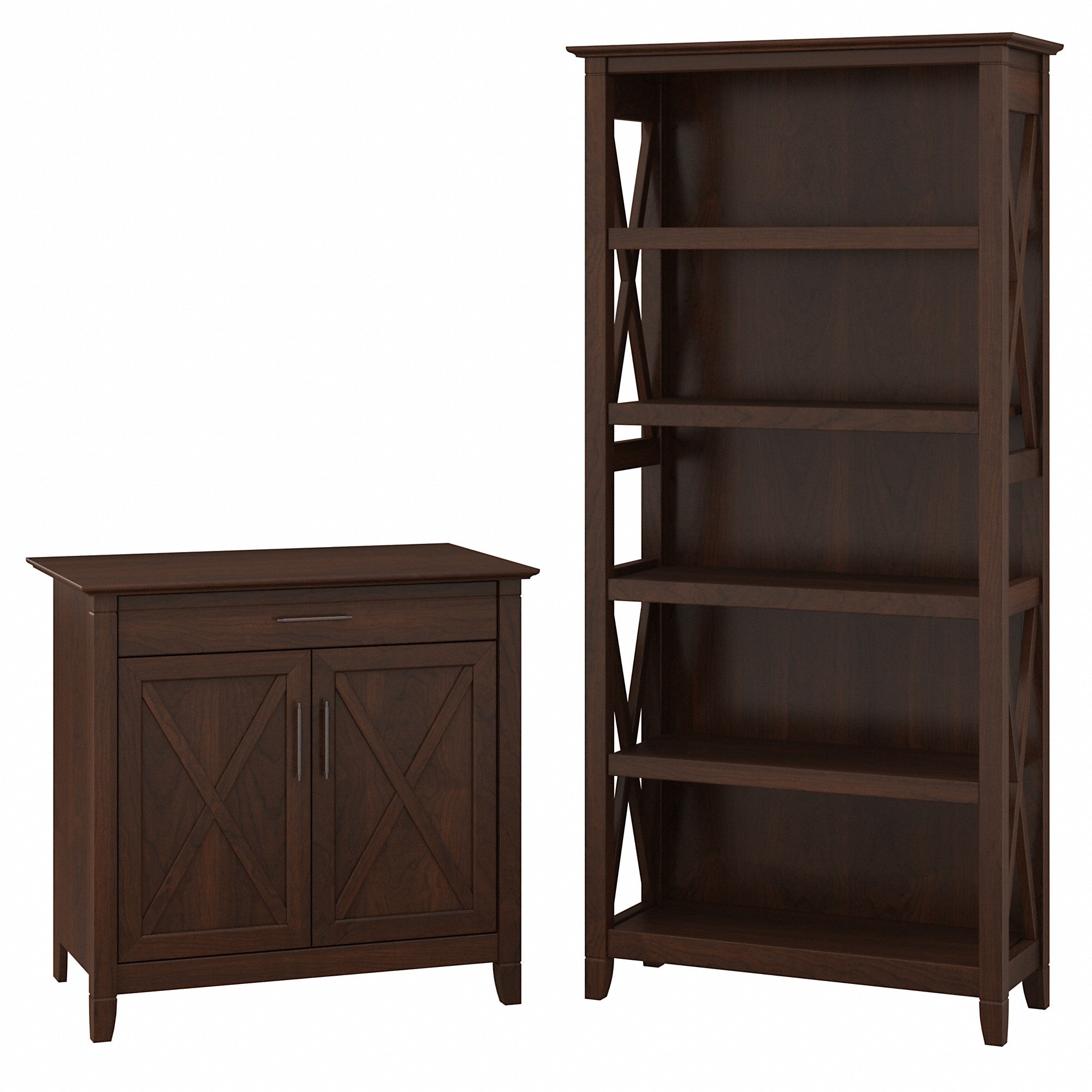 Bush Furniture Key West Secretary Desk with Storage and 5 Shelf Bookcase