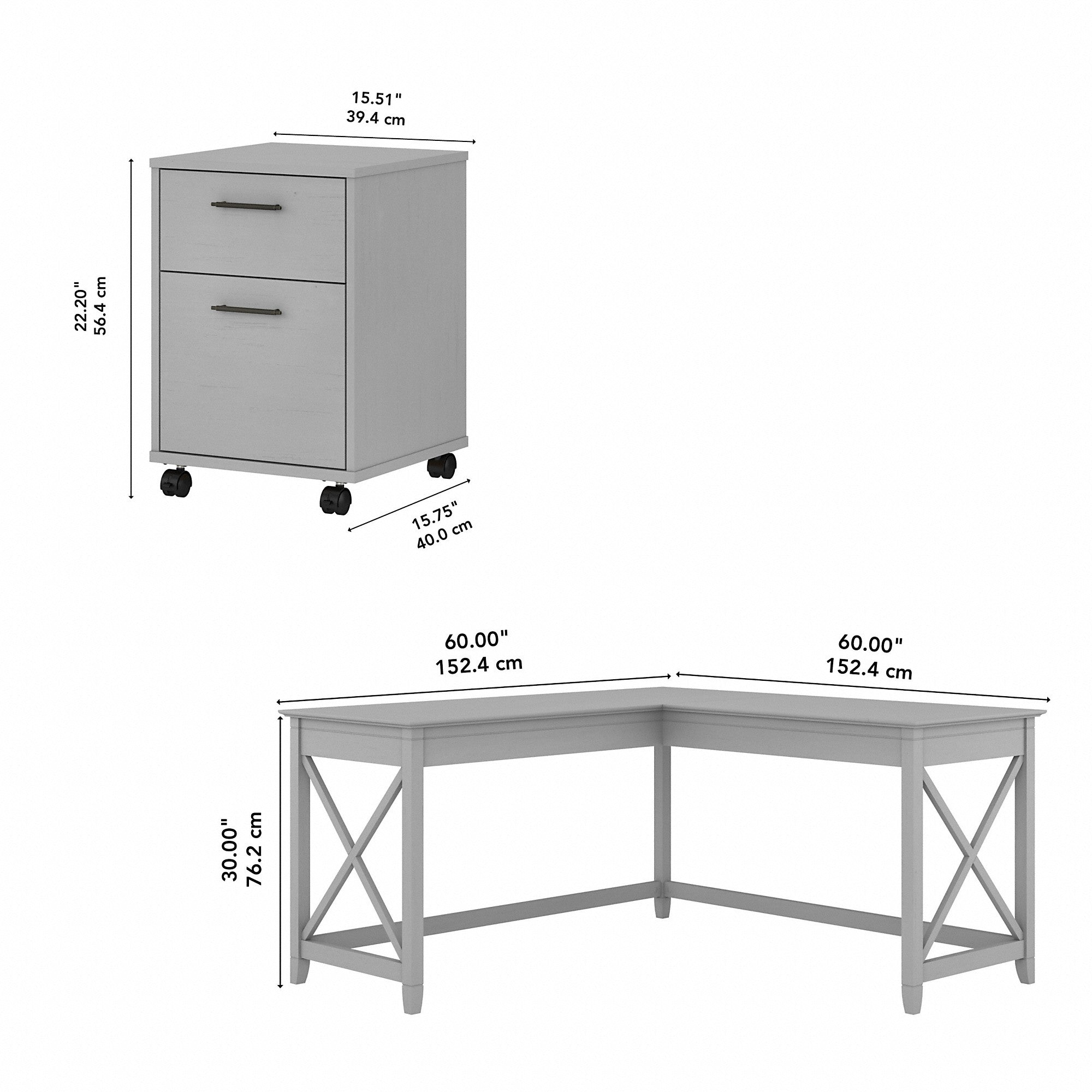 Bush Furniture Key West 60W L Shaped Desk with 2 Drawer Mobile File Cabinet