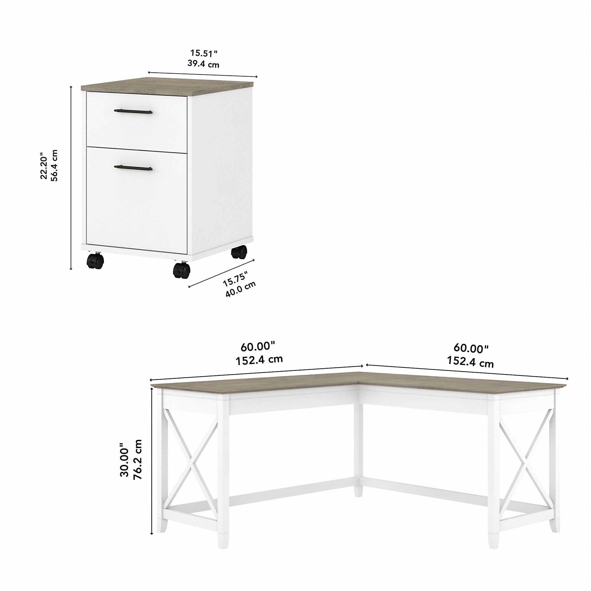 Bush Furniture Key West 60W L Shaped Desk with 2 Drawer Mobile File Cabinet