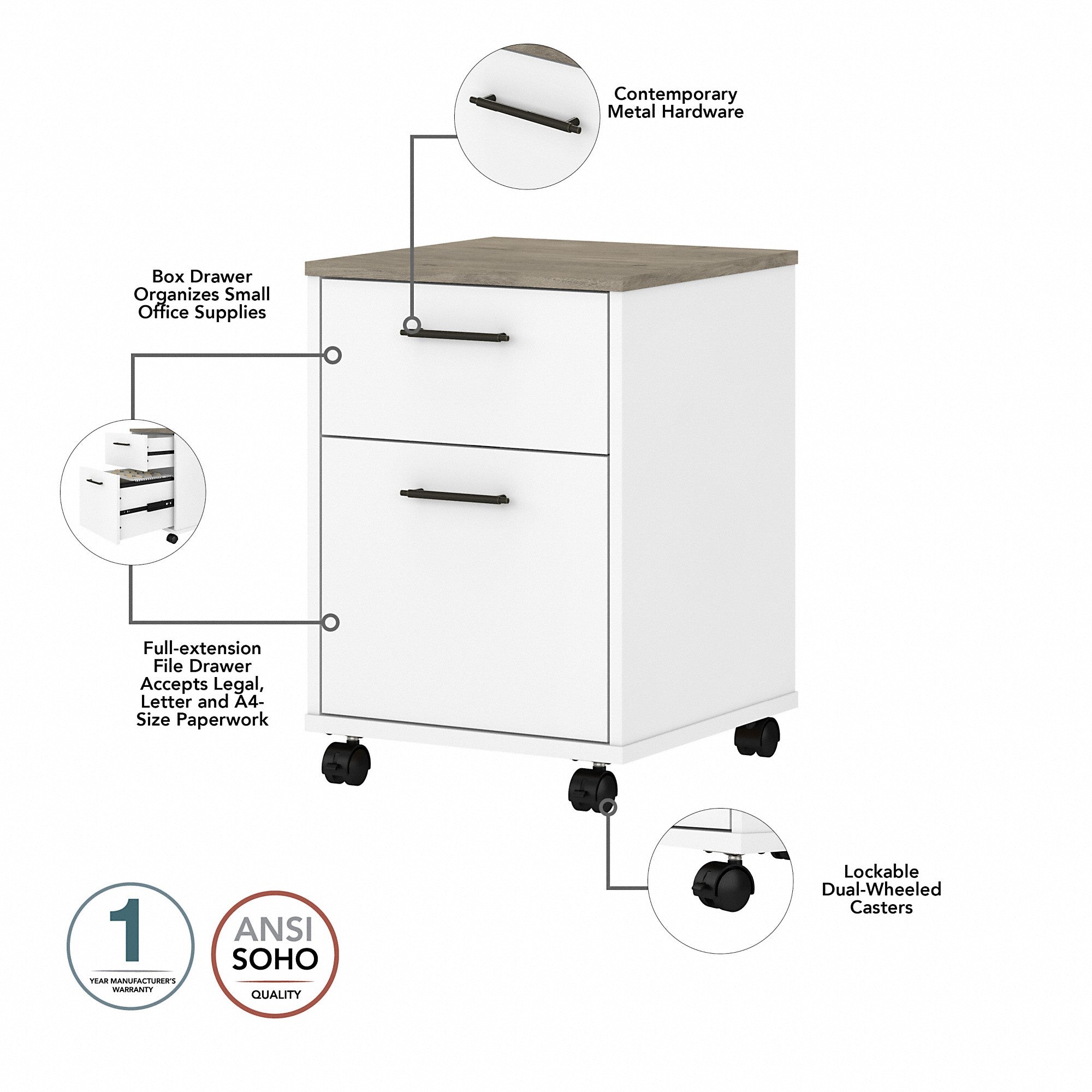 Bush Furniture Key West 60W L Shaped Desk with 2 Drawer Mobile File Cabinet