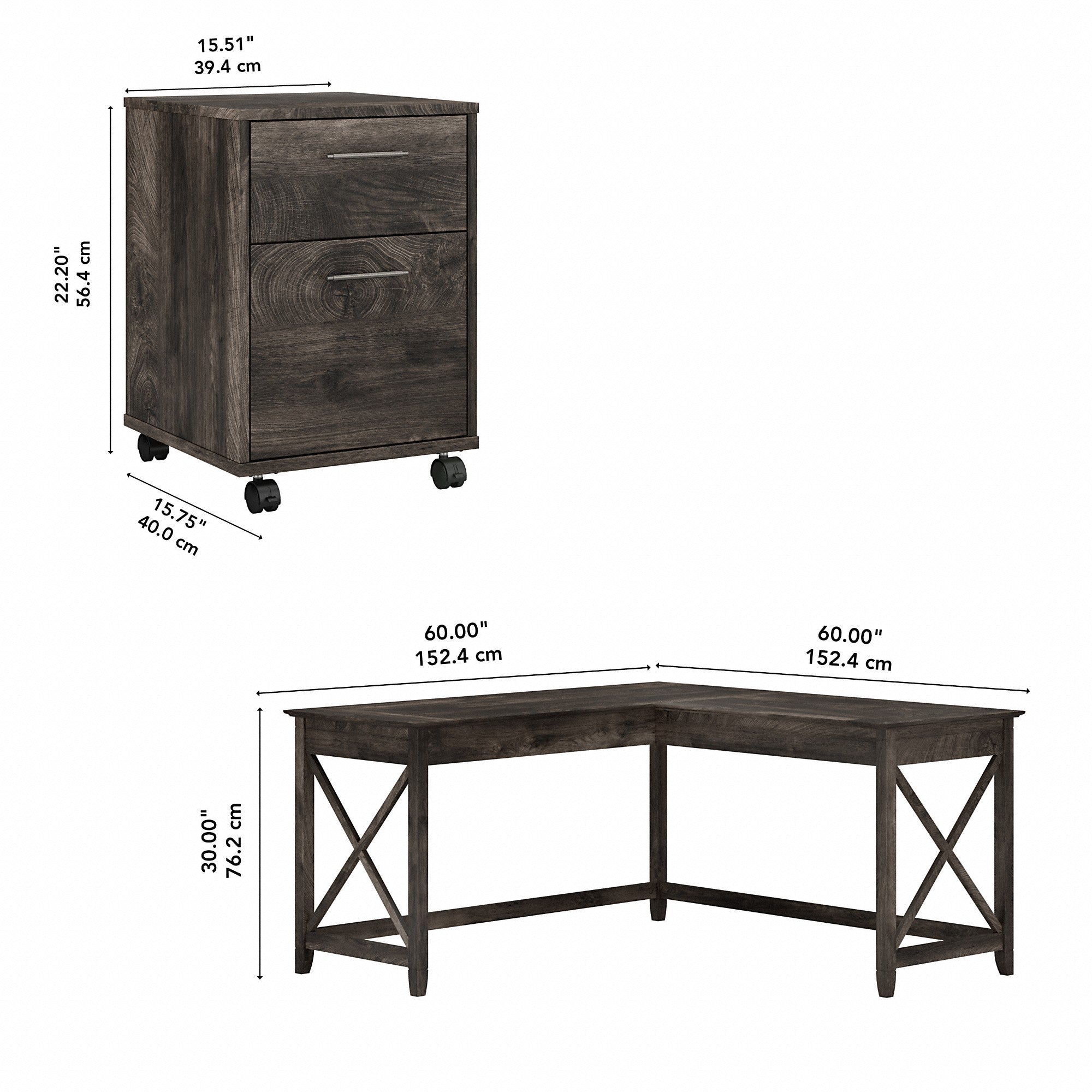 Bush Furniture Key West 60W L Shaped Desk with 2 Drawer Mobile File Cabinet