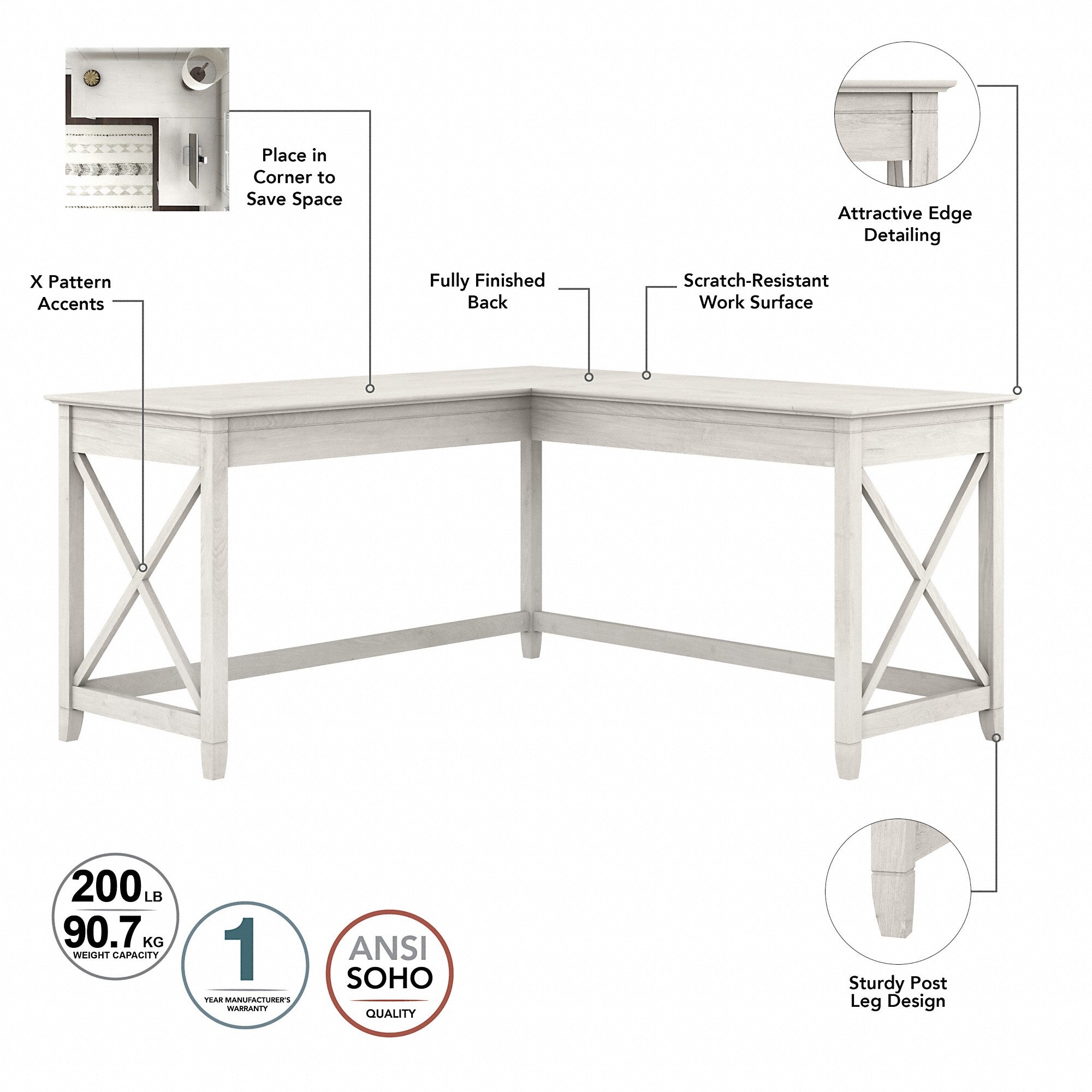 Bush Furniture Key West 60W L Shaped Desk with 2 Drawer Mobile File Cabinet