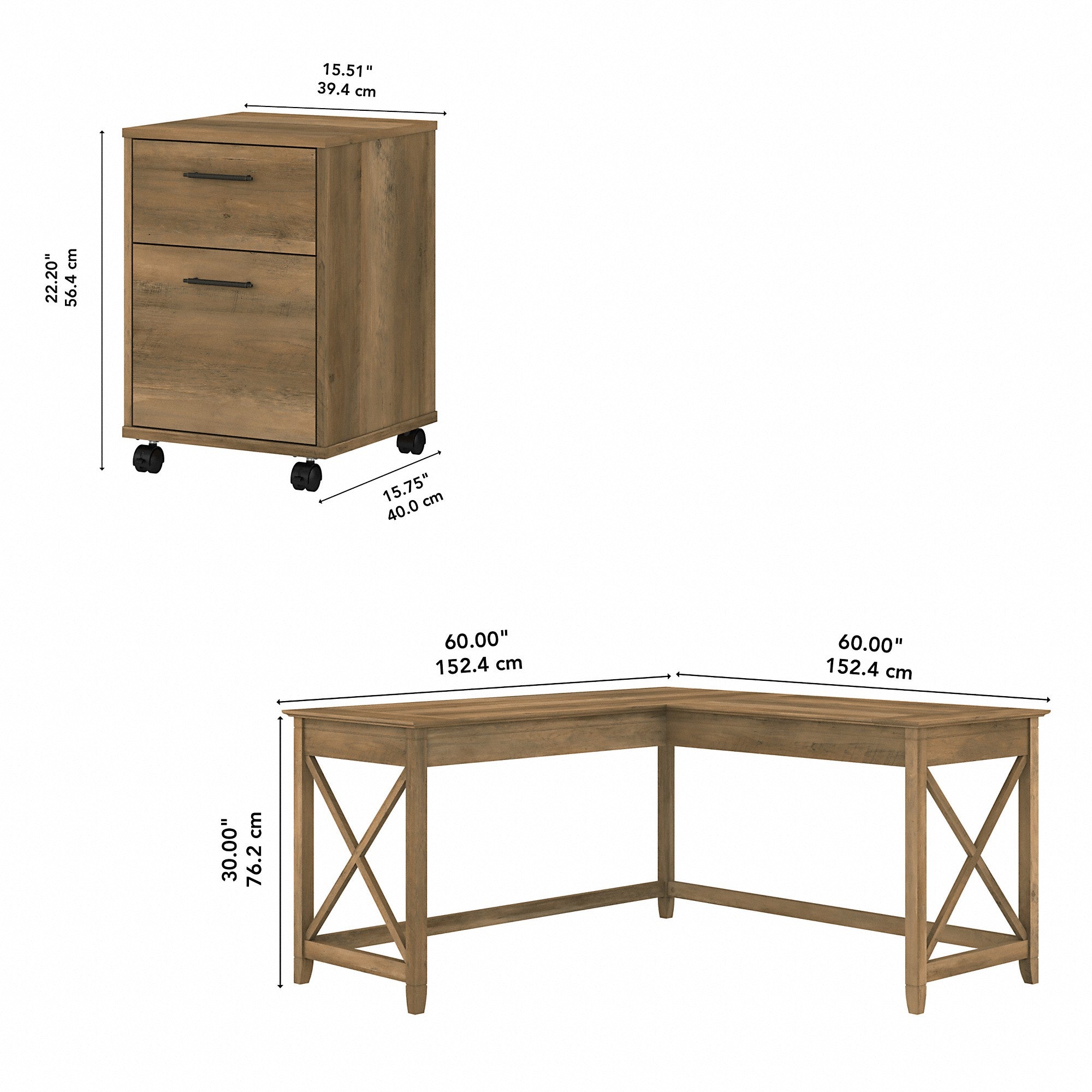 Bush Furniture Key West 60W L Shaped Desk with 2 Drawer Mobile File Cabinet