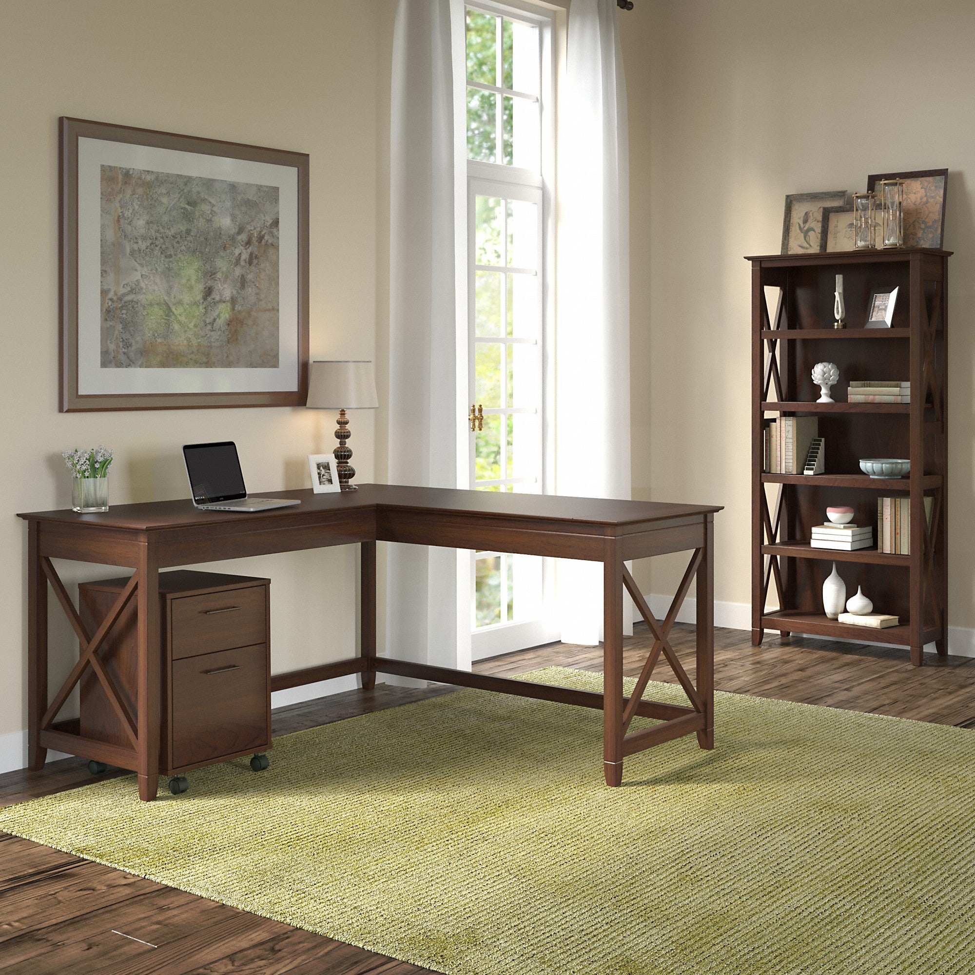 Bush Furniture Key West 60W L Shaped Desk with 2 Drawer Mobile File Cabinet and 5 Shelf Bookcase