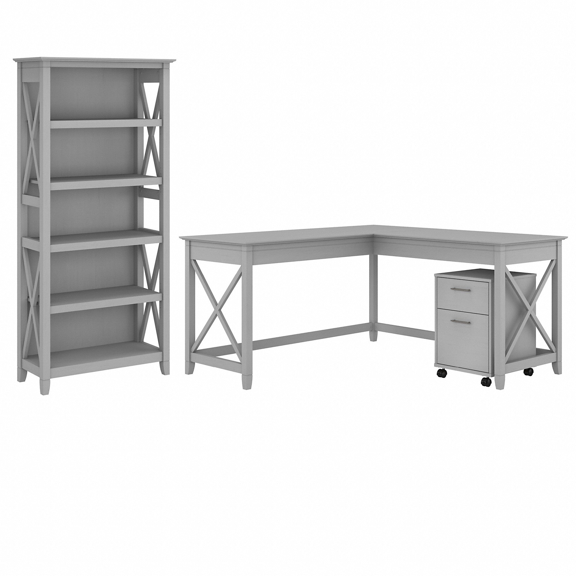 Bush Furniture Key West 60W L Shaped Desk with 2 Drawer Mobile File Cabinet and 5 Shelf Bookcase