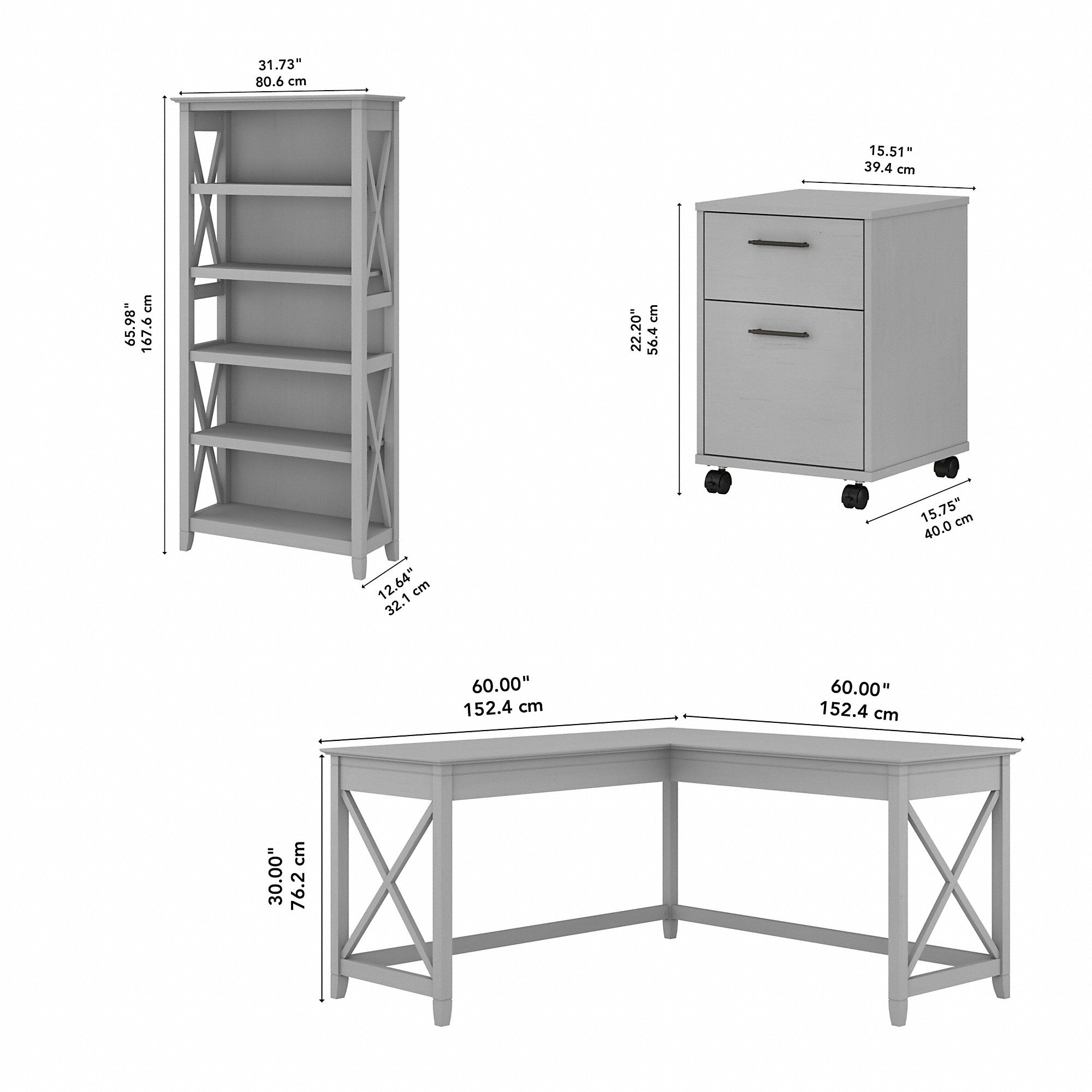 Bush Furniture Key West 60W L Shaped Desk with 2 Drawer Mobile File Cabinet and 5 Shelf Bookcase