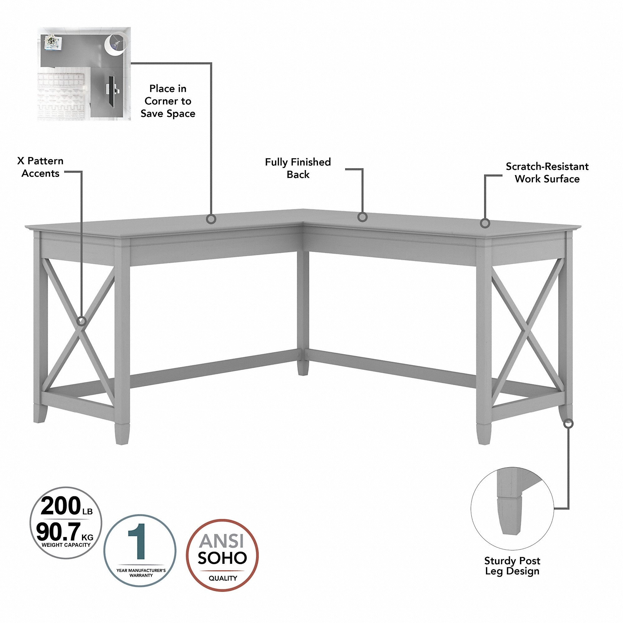 Bush Furniture Key West 60W L Shaped Desk with 2 Drawer Mobile File Cabinet and 5 Shelf Bookcase