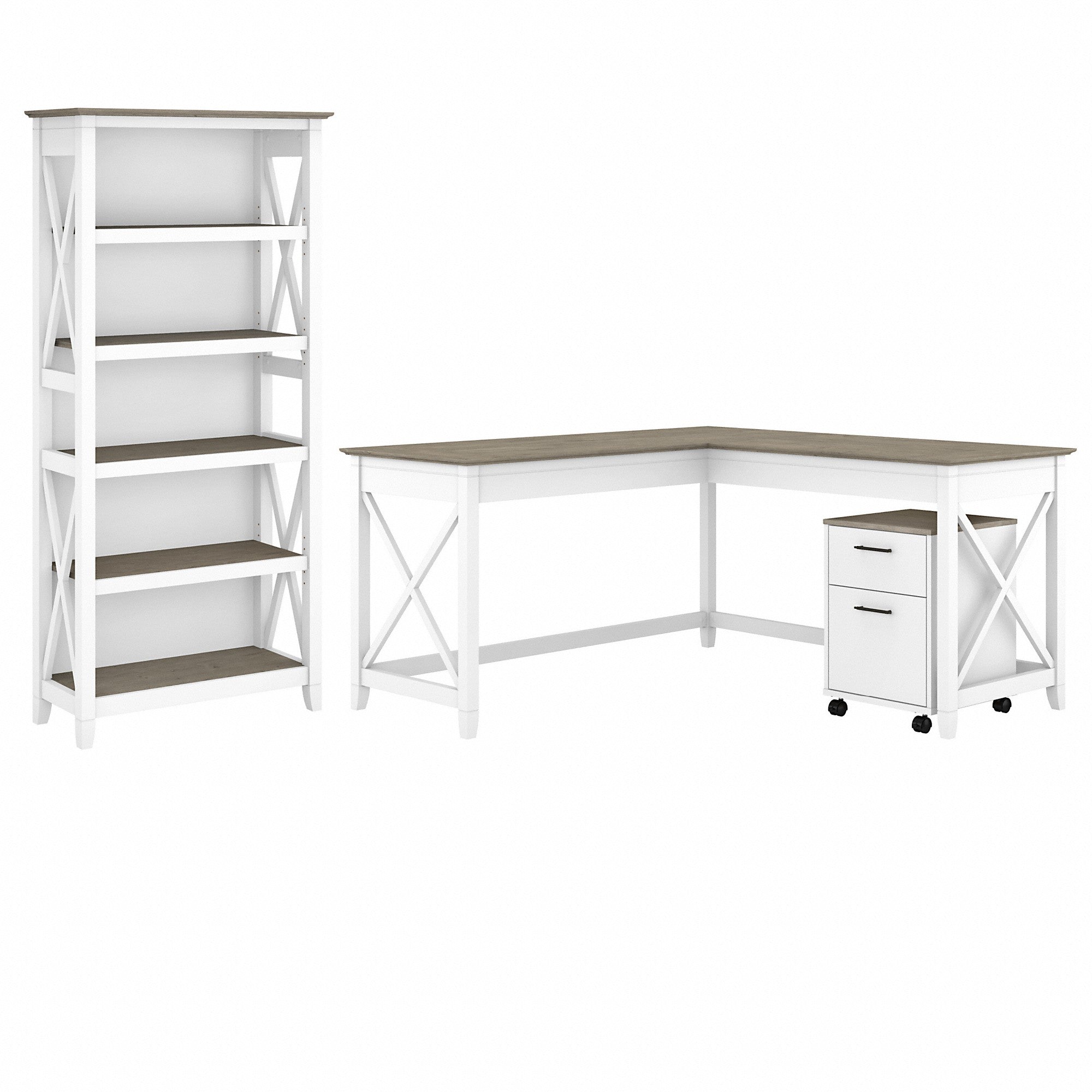 Bush Furniture Key West 60W L Shaped Desk with 2 Drawer Mobile File Cabinet and 5 Shelf Bookcase