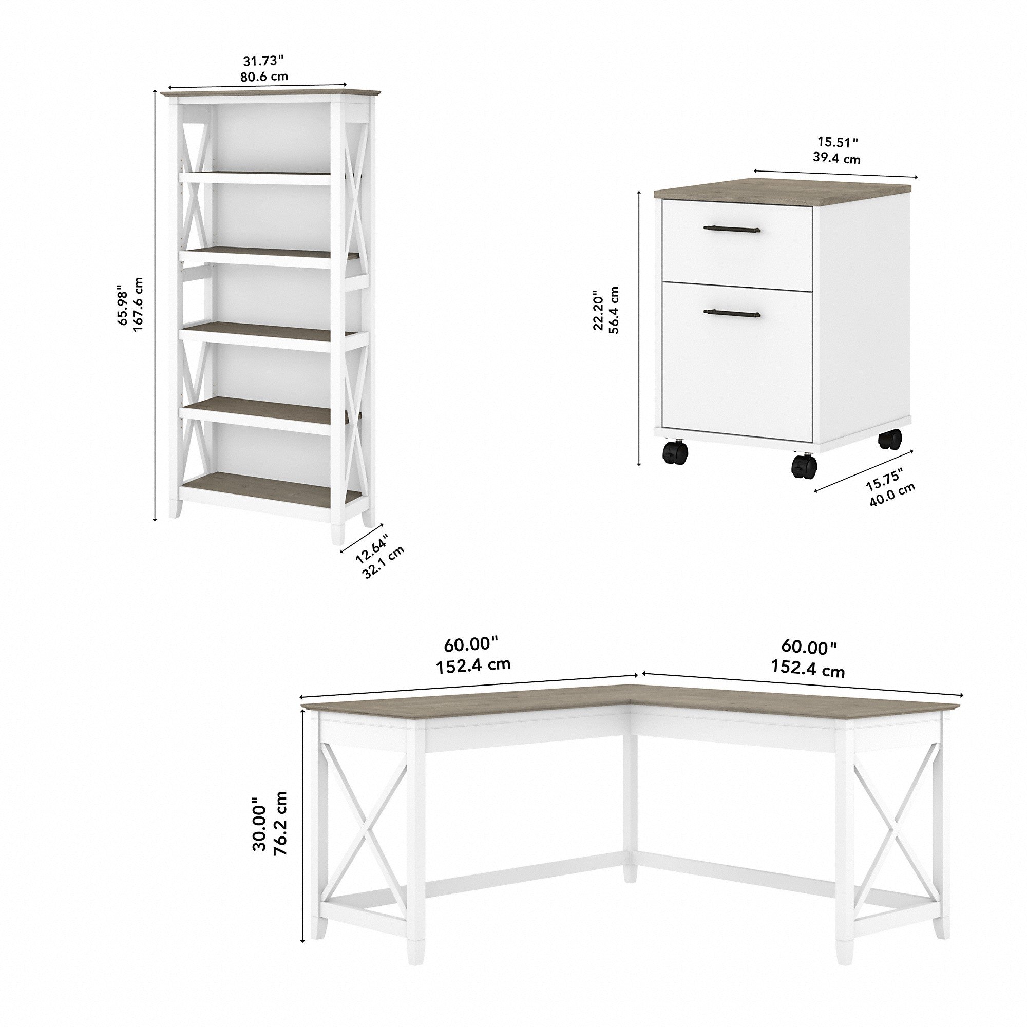 Bush Furniture Key West 60W L Shaped Desk with 2 Drawer Mobile File Cabinet and 5 Shelf Bookcase