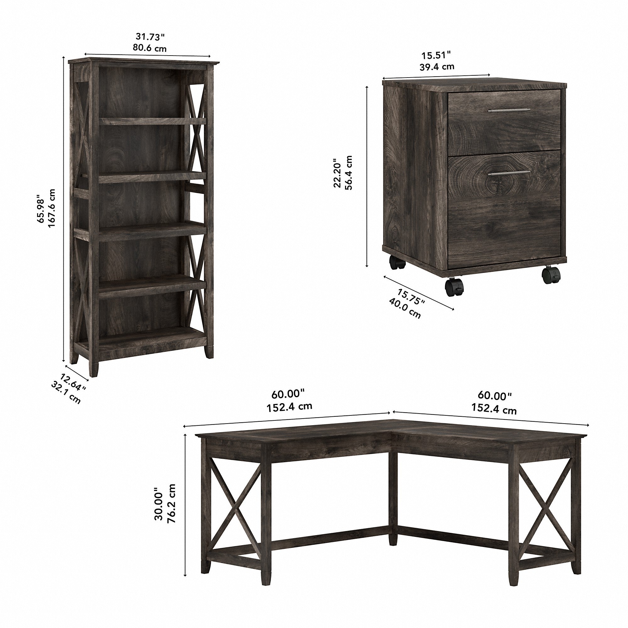 Bush Furniture Key West 60W L Shaped Desk with 2 Drawer Mobile File Cabinet and 5 Shelf Bookcase