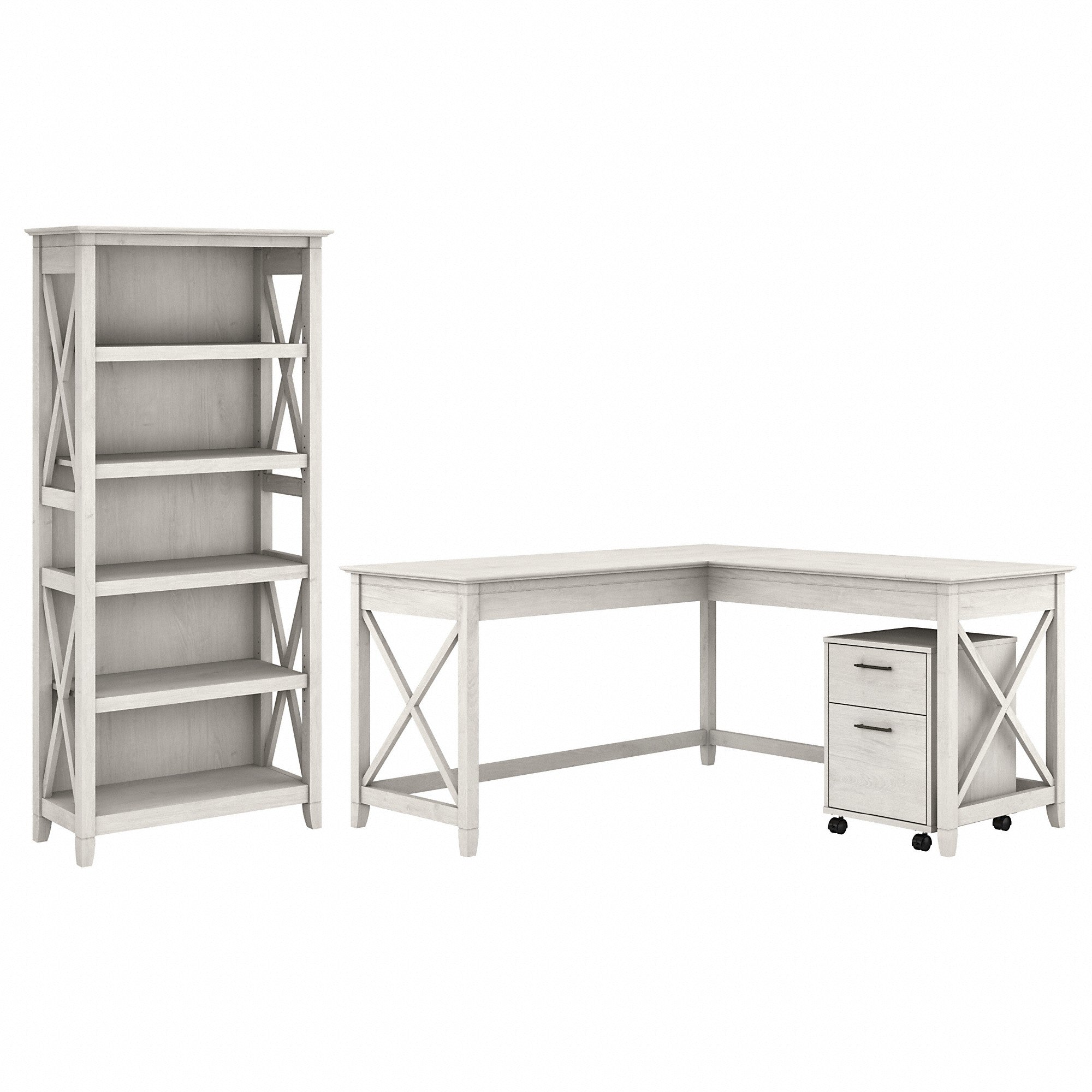 Bush Furniture Key West 60W L Shaped Desk with 2 Drawer Mobile File Cabinet and 5 Shelf Bookcase