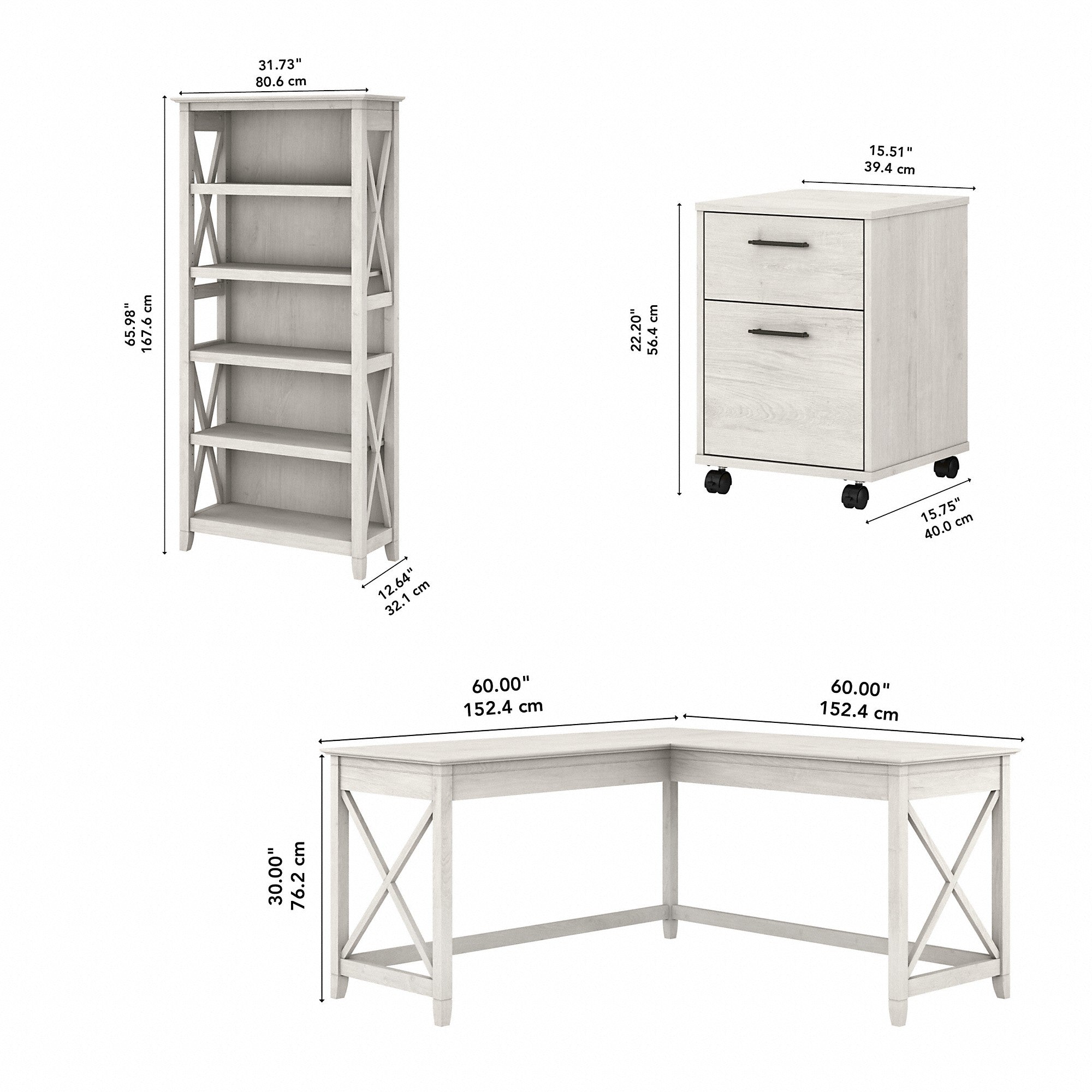 Bush Furniture Key West 60W L Shaped Desk with 2 Drawer Mobile File Cabinet and 5 Shelf Bookcase