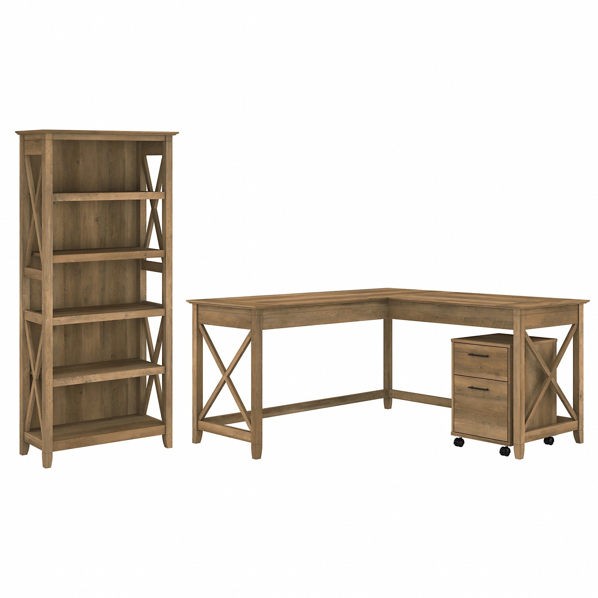 Bush Furniture Key West 60W L Shaped Desk with 2 Drawer Mobile File Cabinet and 5 Shelf Bookcase