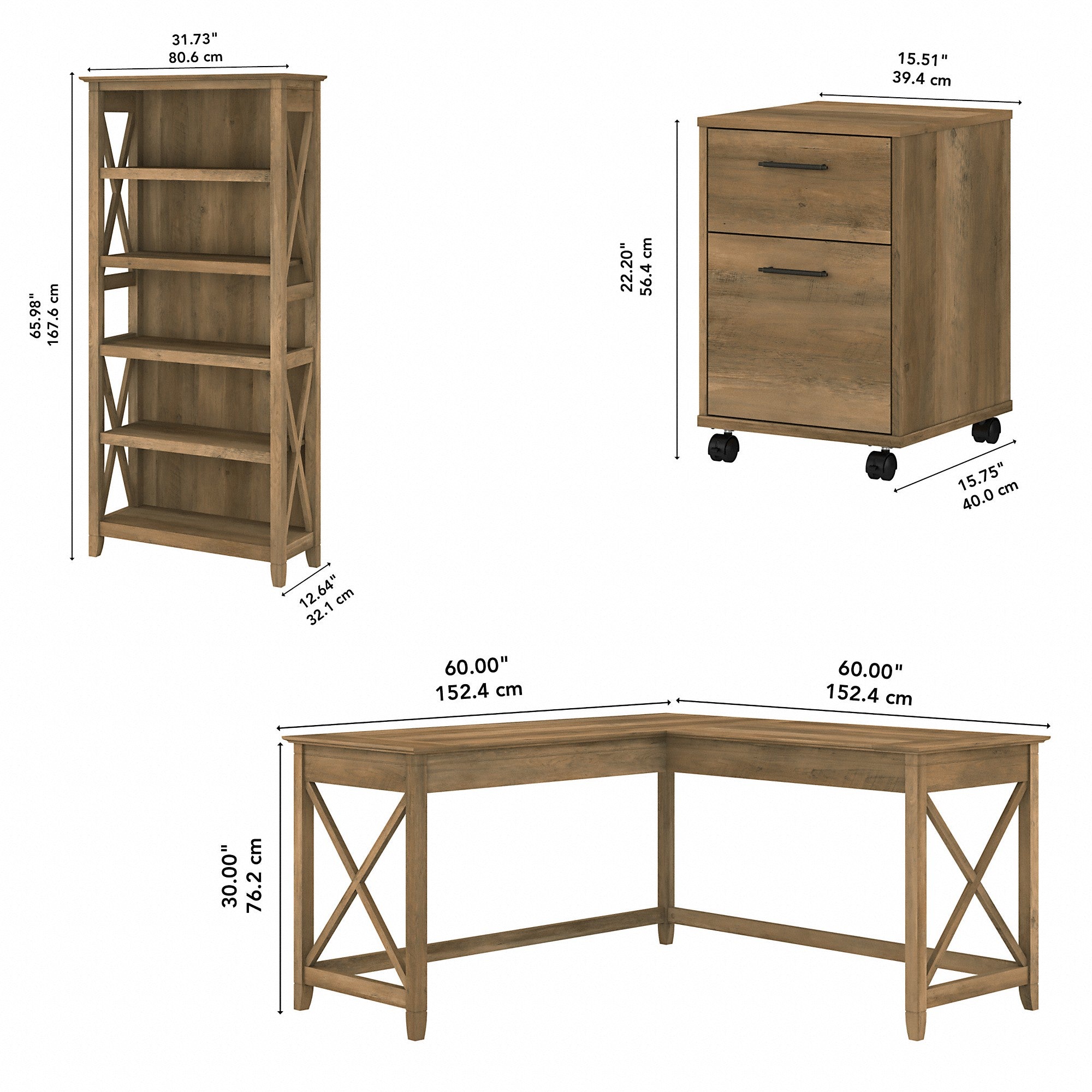 Bush Furniture Key West 60W L Shaped Desk with 2 Drawer Mobile File Cabinet and 5 Shelf Bookcase