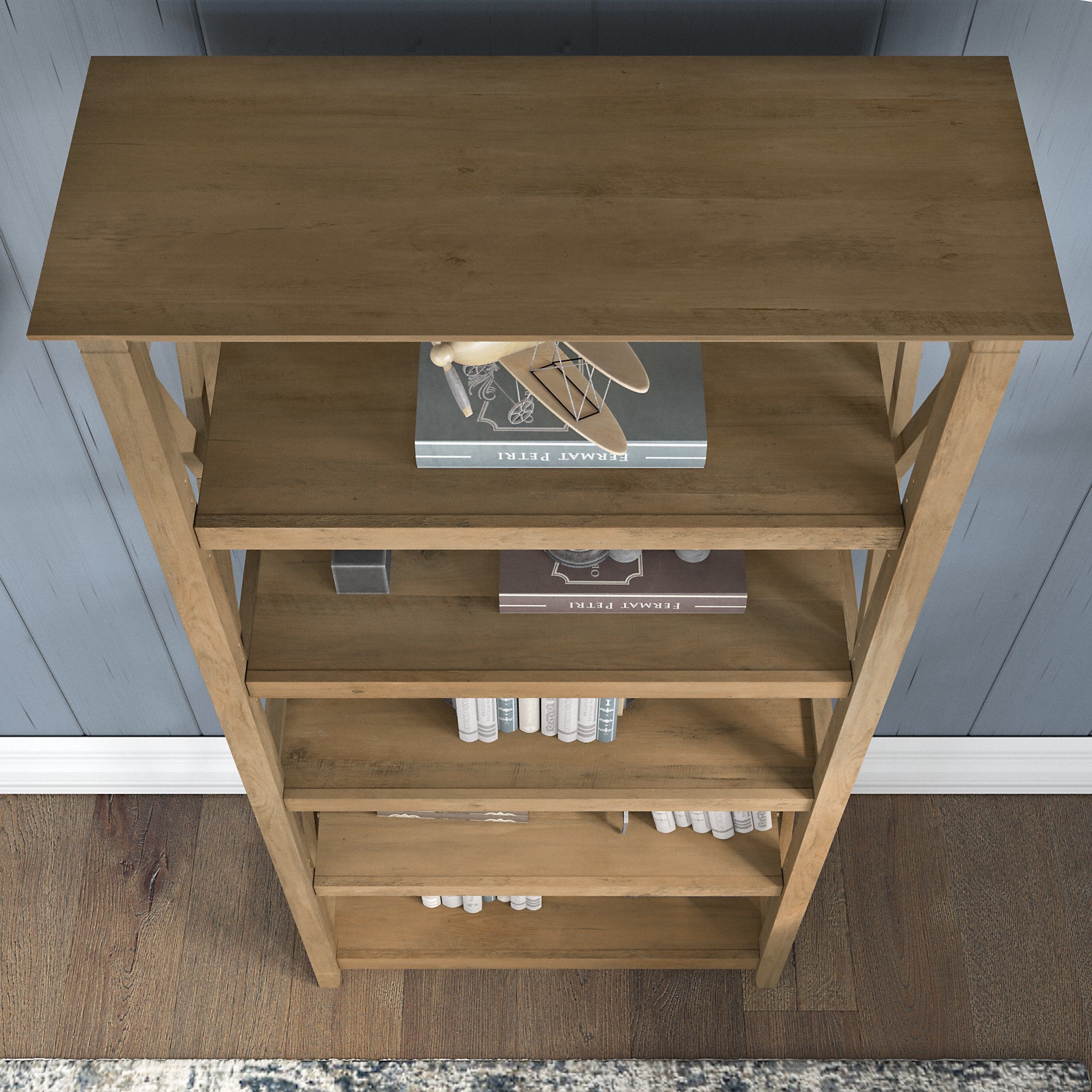 Bush Furniture Key West 60W L Shaped Desk with 2 Drawer Mobile File Cabinet and 5 Shelf Bookcase