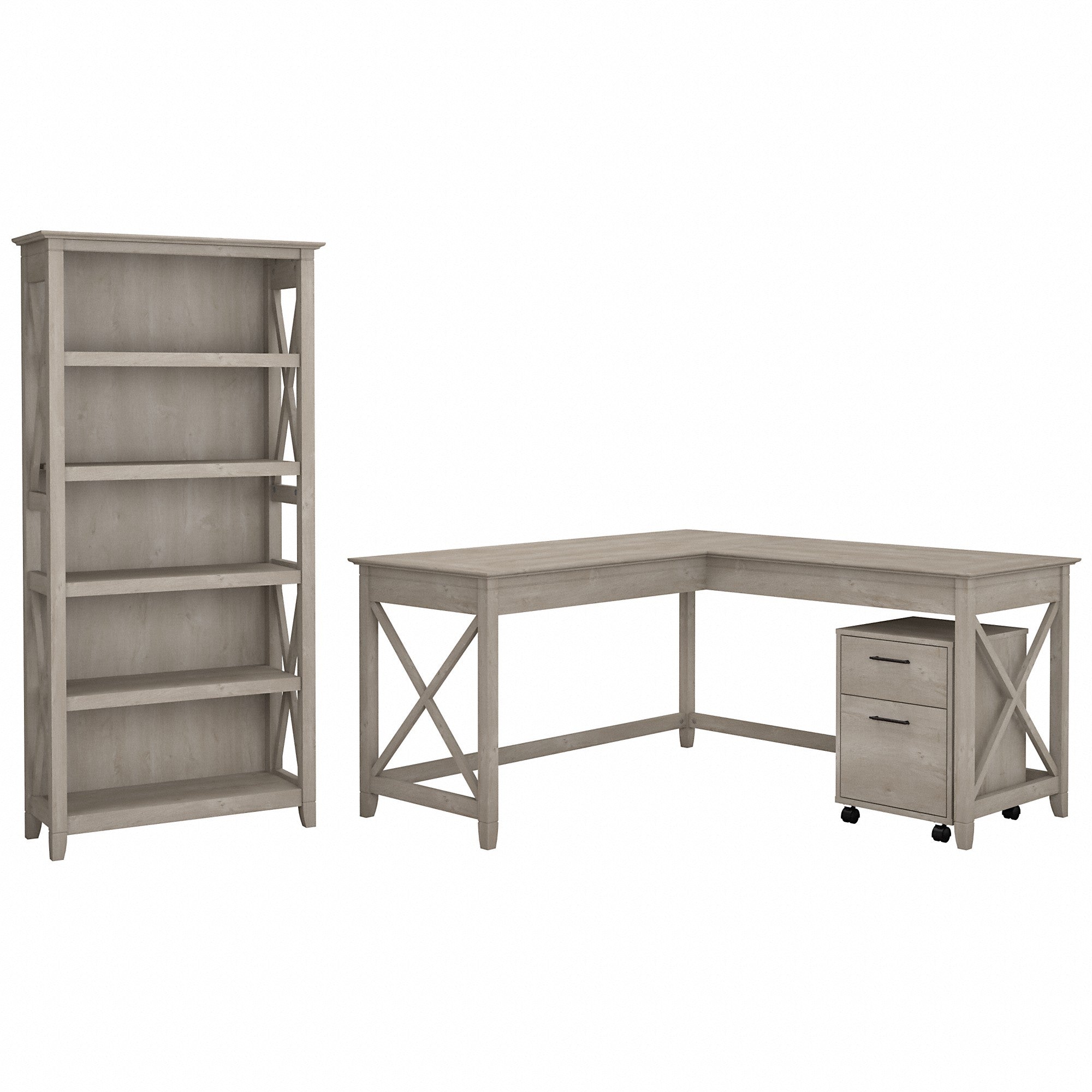 Bush Furniture Key West 60W L Shaped Desk with 2 Drawer Mobile File Cabinet and 5 Shelf Bookcase