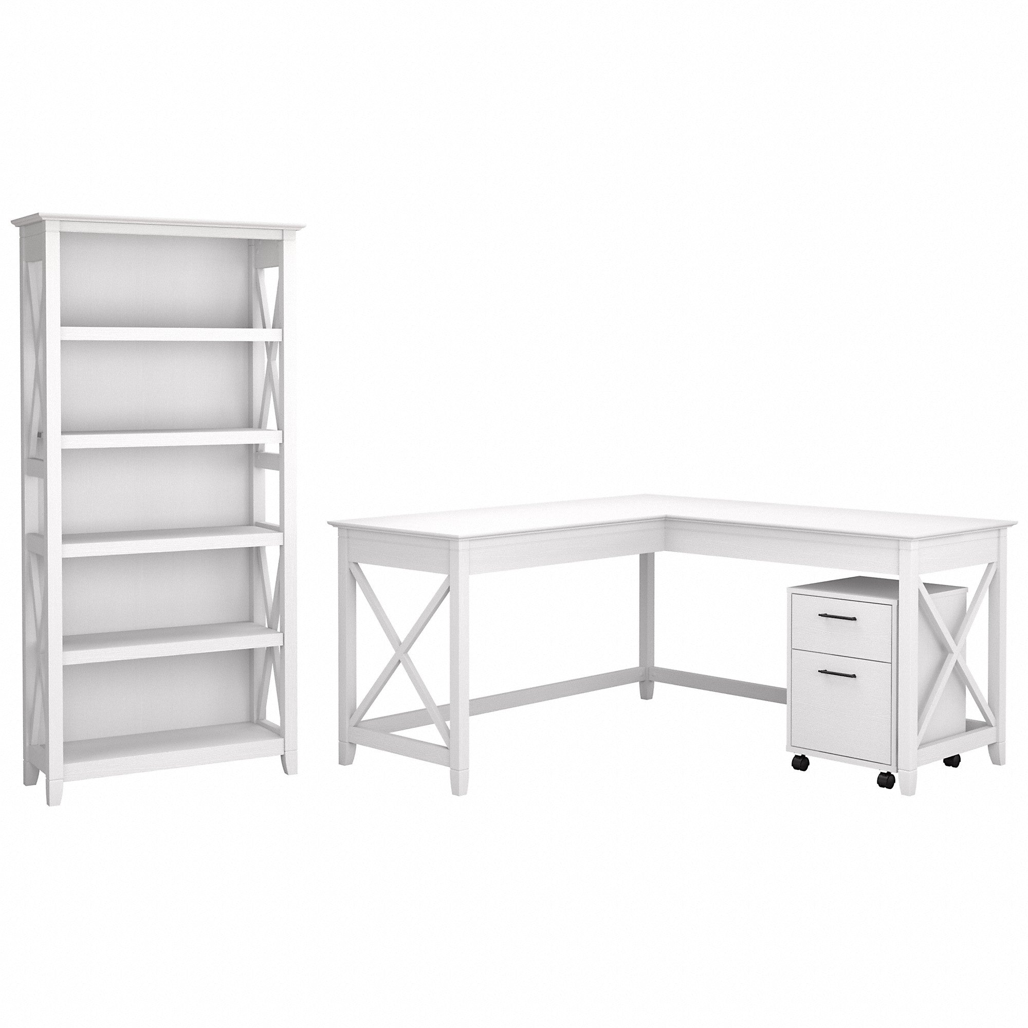 Bush Furniture Key West 60W L Shaped Desk with 2 Drawer Mobile File Cabinet and 5 Shelf Bookcase