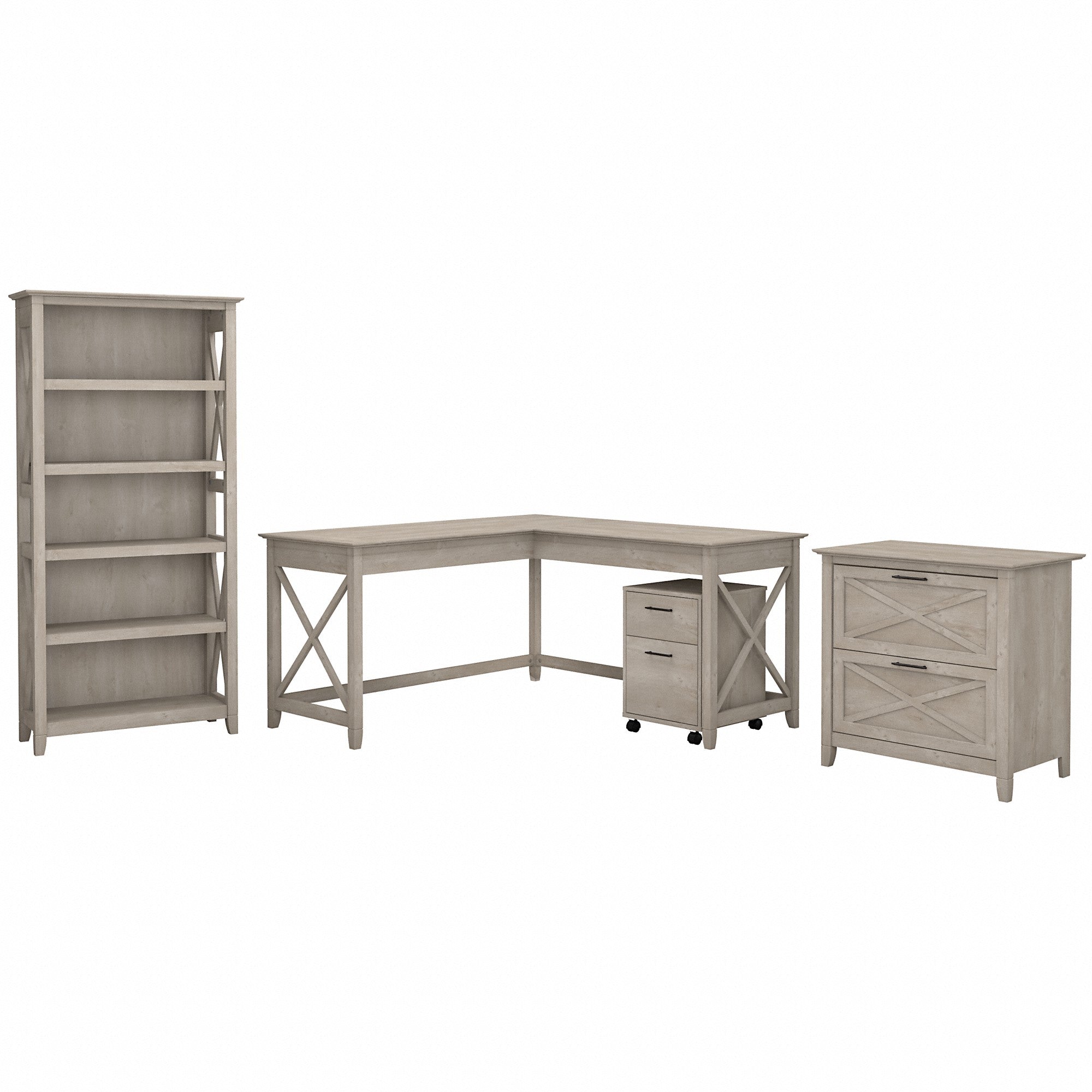 Bush Furniture Key West 60W L Shaped Desk with File Cabinets and 5 Shelf Bookcase