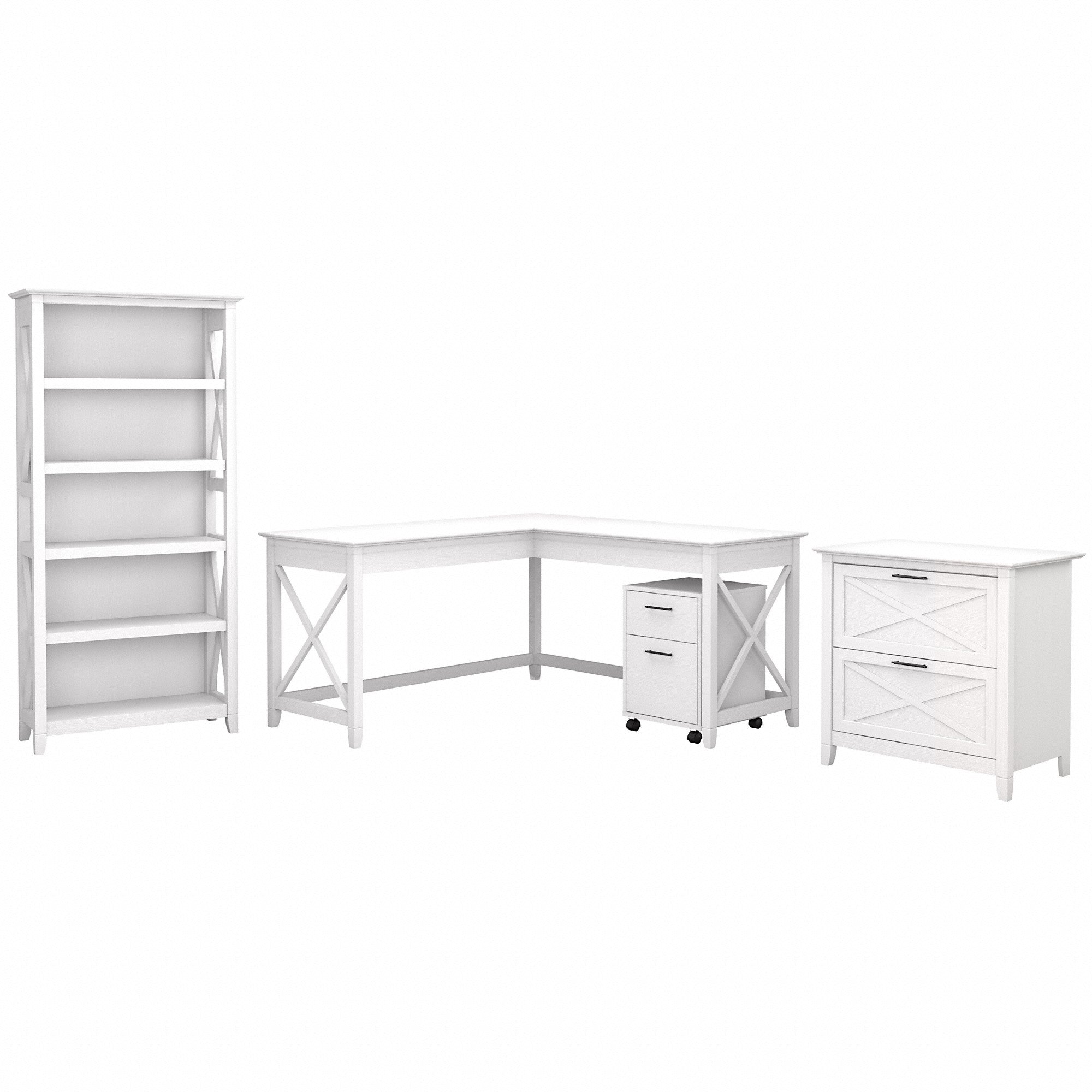 Bush Furniture Key West 60W L Shaped Desk with File Cabinets and 5 Shelf Bookcase