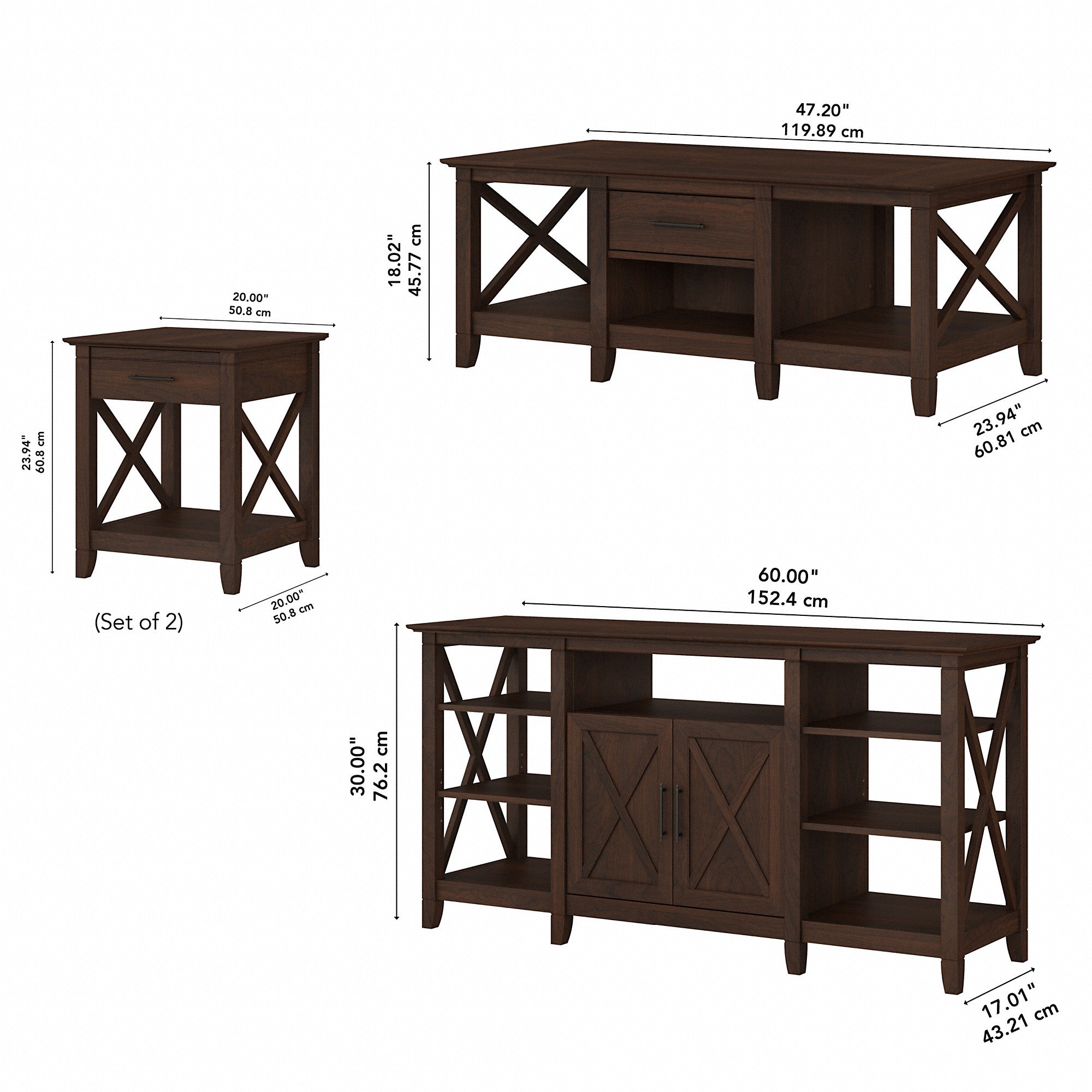 Bush Furniture Key West Tall TV Stand with Coffee Table and Set of 2 End Tables