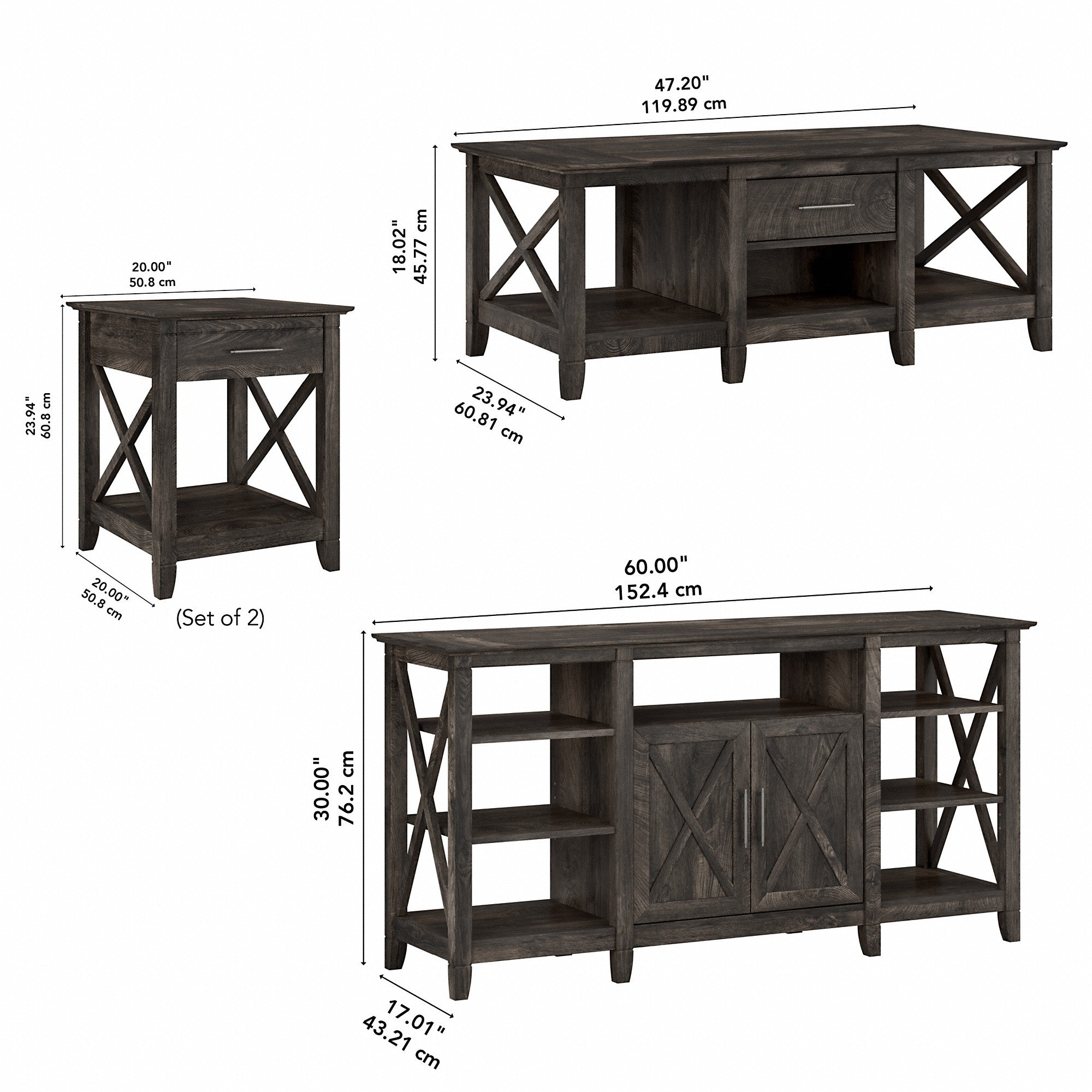 Bush Furniture Key West Tall TV Stand with Coffee Table and Set of 2 End Tables