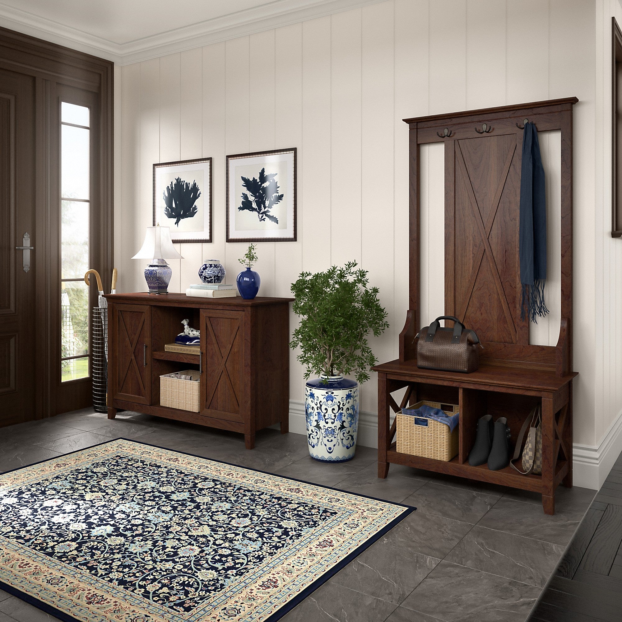 Bush Furniture Key West Entryway Storage Set with Hall Tree, Shoe Bench and 2 Door Cabinet