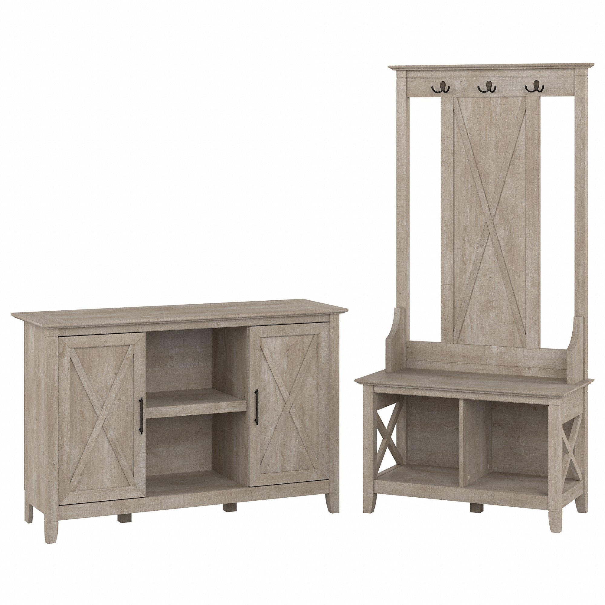 Bush Furniture Key West Entryway Storage Set with Hall Tree, Shoe Bench and 2 Door Cabinet