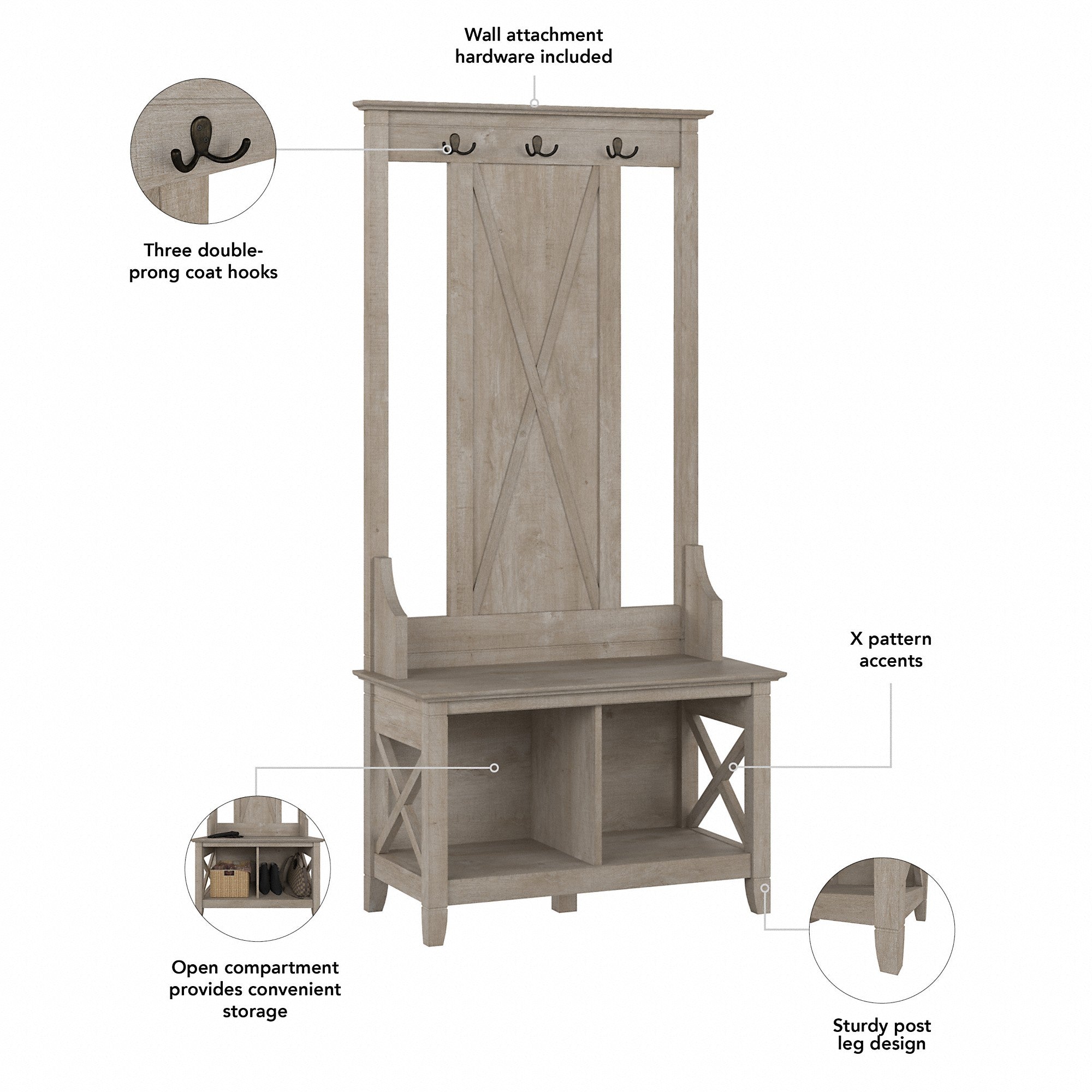 Bush Furniture Key West Entryway Storage Set with Hall Tree, Shoe Bench and 2 Door Cabinet