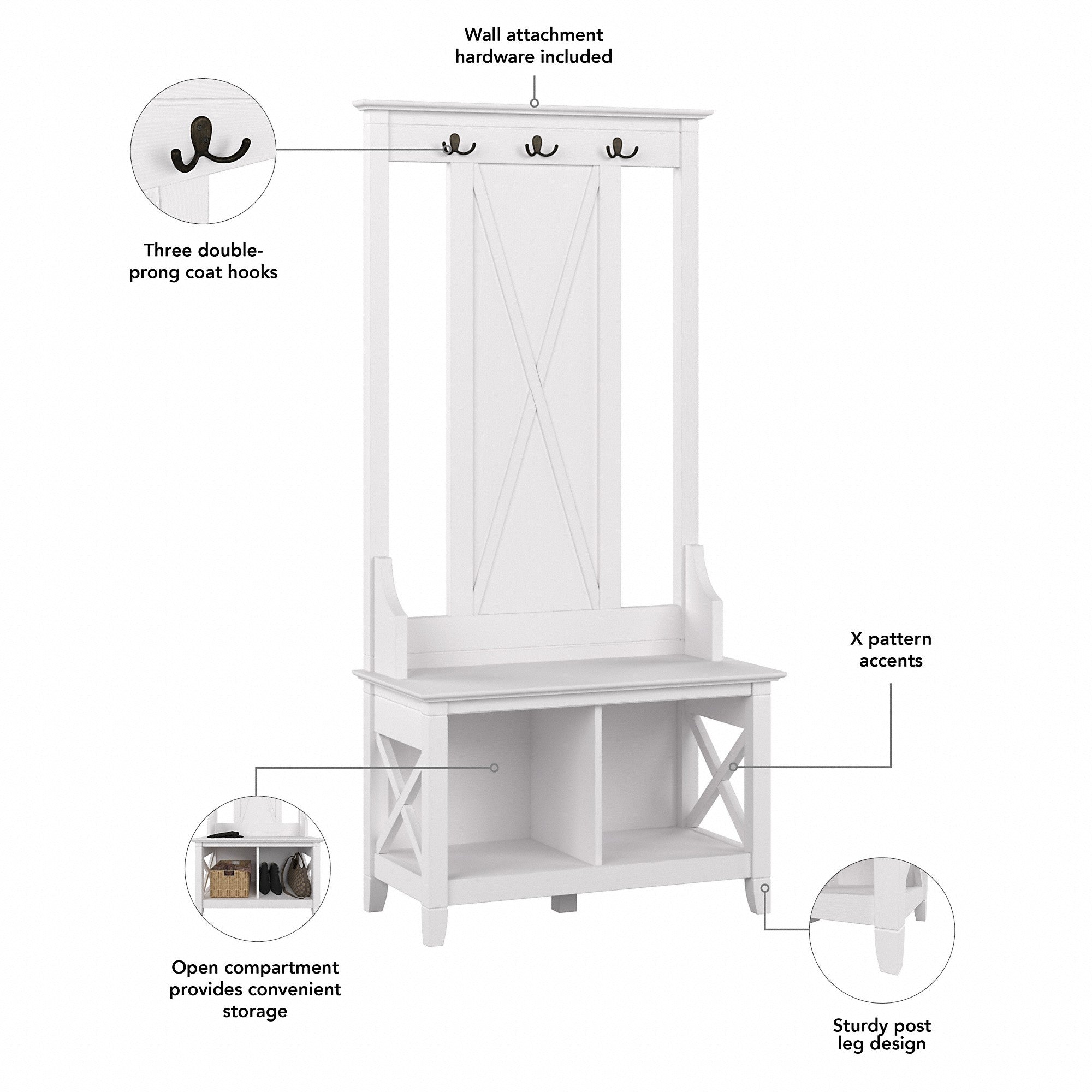 Bush Furniture Key West Entryway Storage Set with Hall Tree, Shoe Bench and 2 Door Cabinet