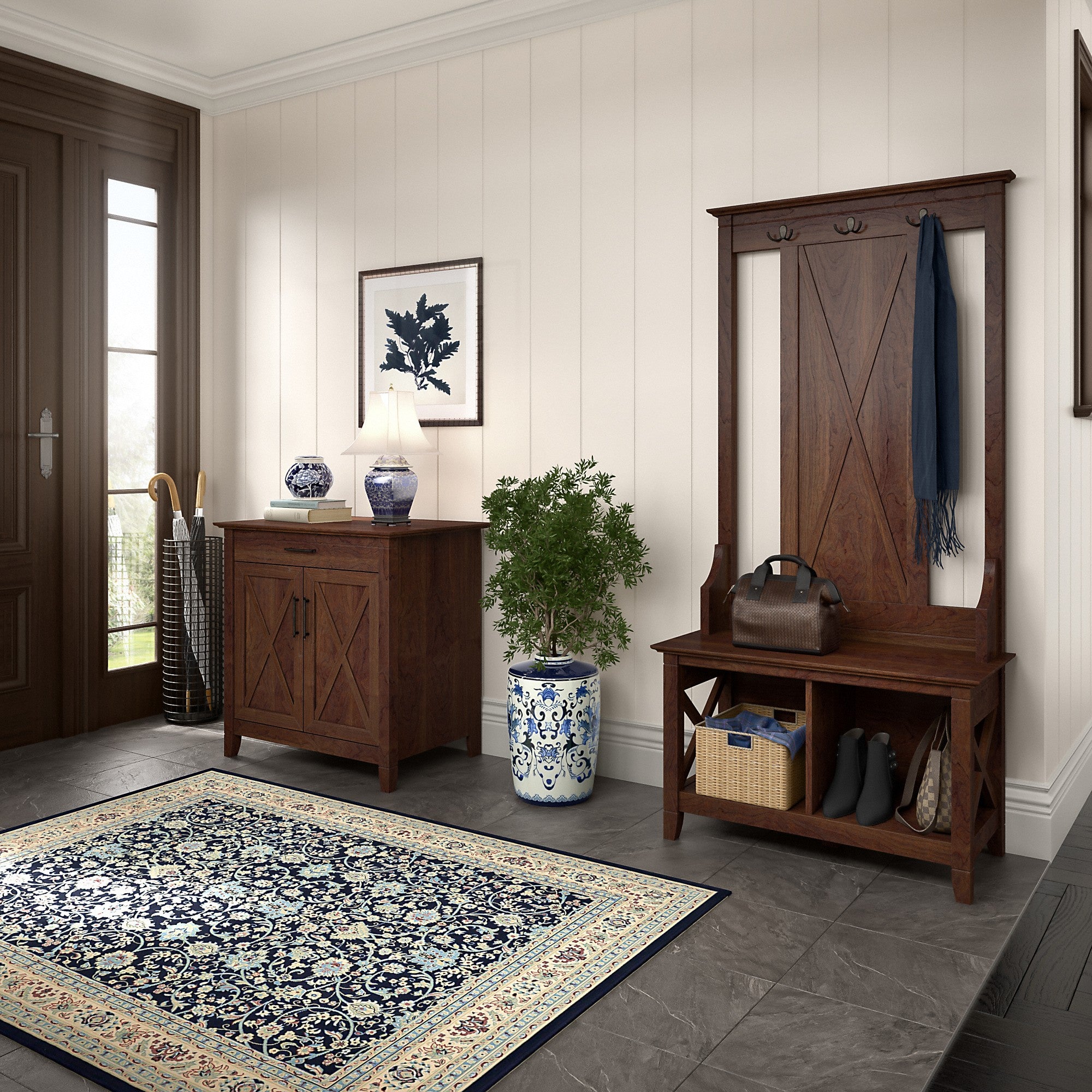 Bush Furniture Key West Entryway Storage Set with Hall Tree, Shoe Bench and Armoire Cabinet