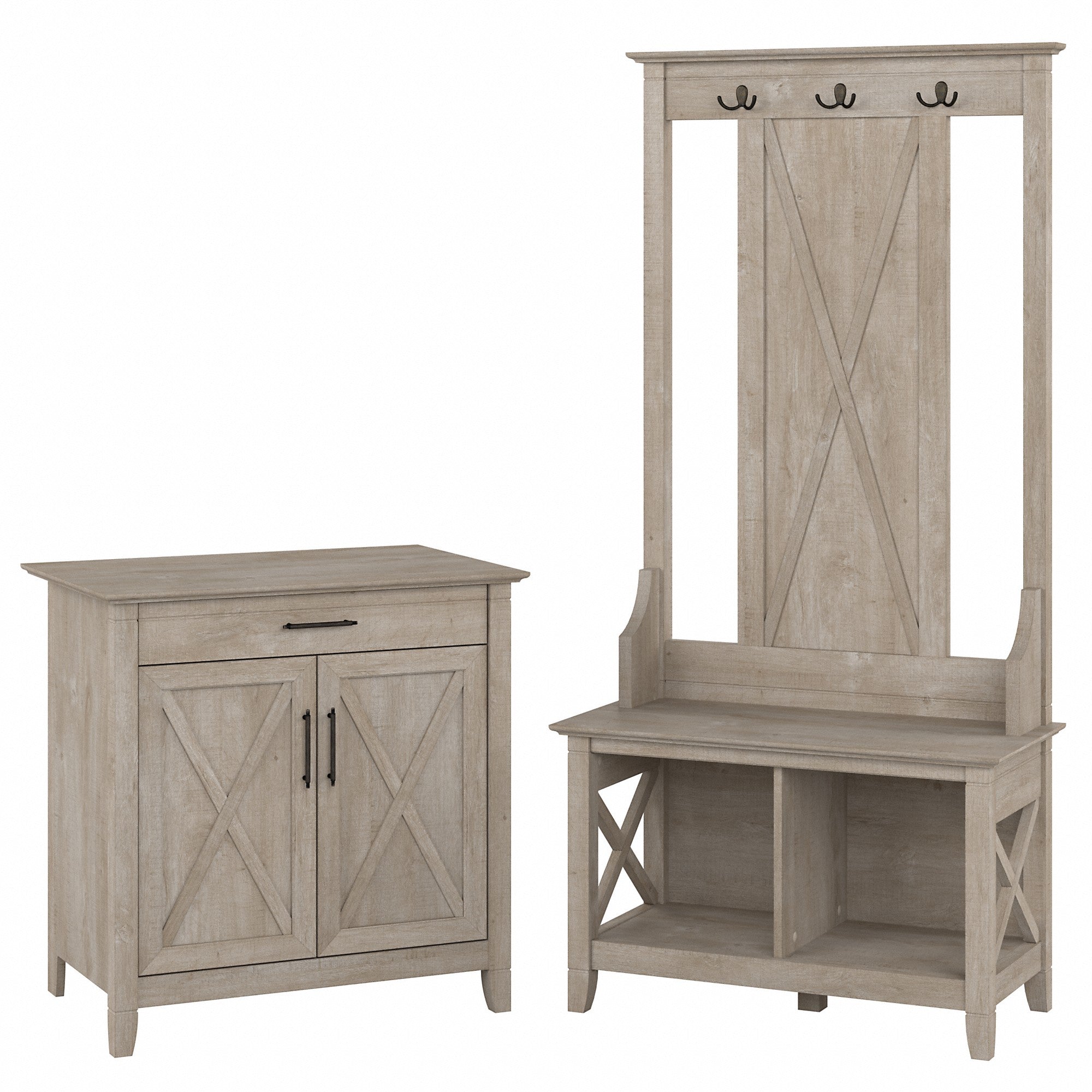 Bush Furniture Key West Entryway Storage Set with Hall Tree, Shoe Bench and Armoire Cabinet