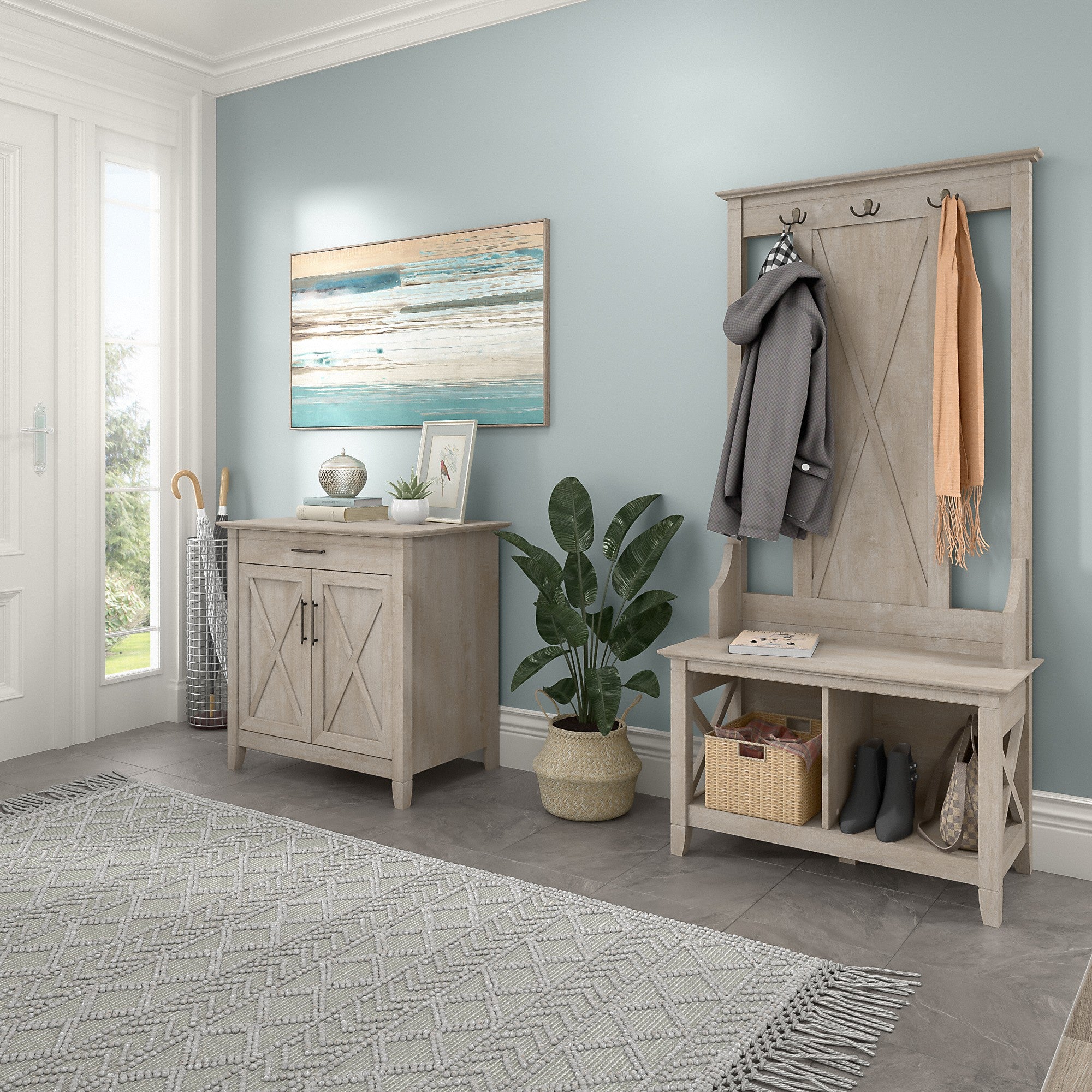 Bush Furniture Key West Entryway Storage Set with Hall Tree, Shoe Bench and Armoire Cabinet