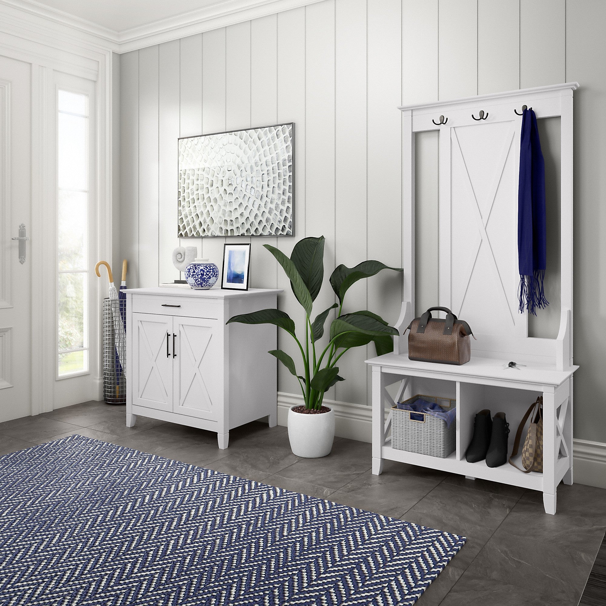 Bush Furniture Key West Entryway Storage Set with Hall Tree, Shoe Bench and Armoire Cabinet