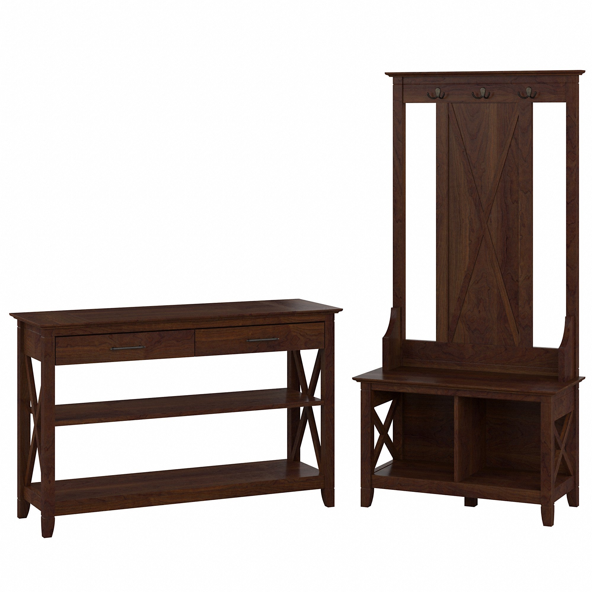 Bush Furniture Key West Entryway Storage Set with Hall Tree, Shoe Bench and Console Table