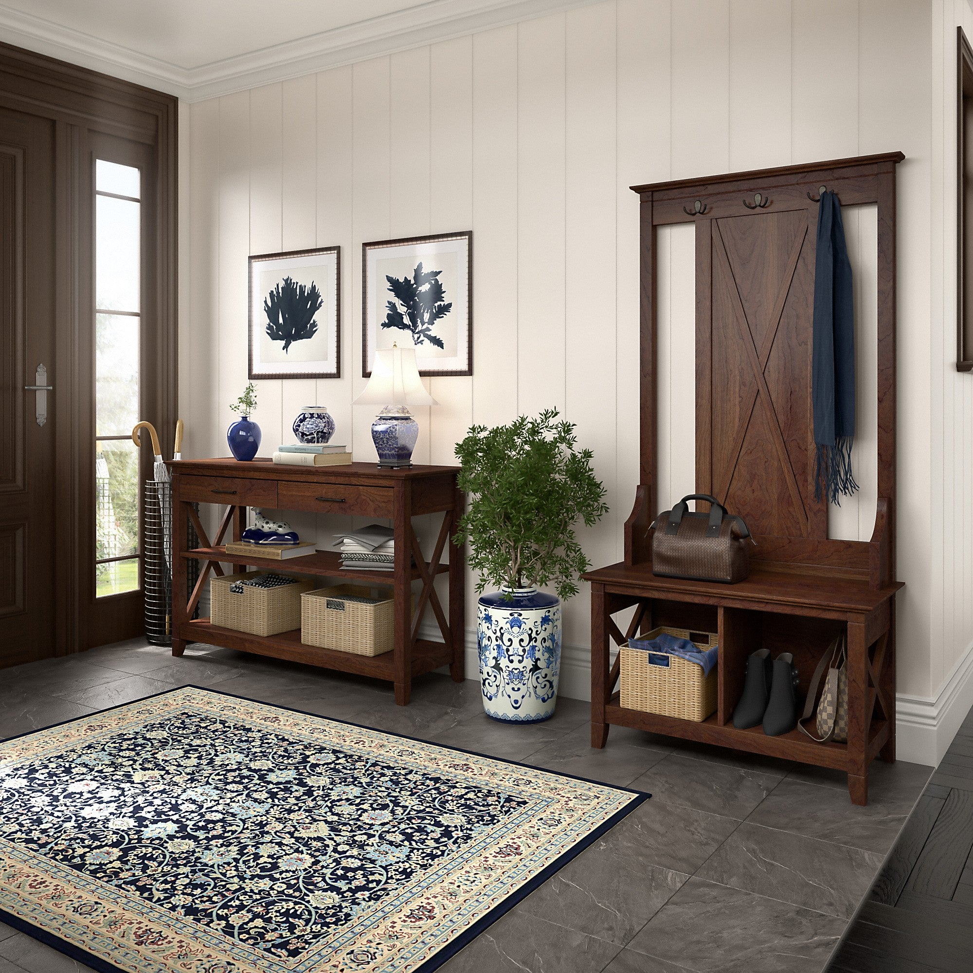 Bush Furniture Key West Entryway Storage Set with Hall Tree, Shoe Bench and Console Table