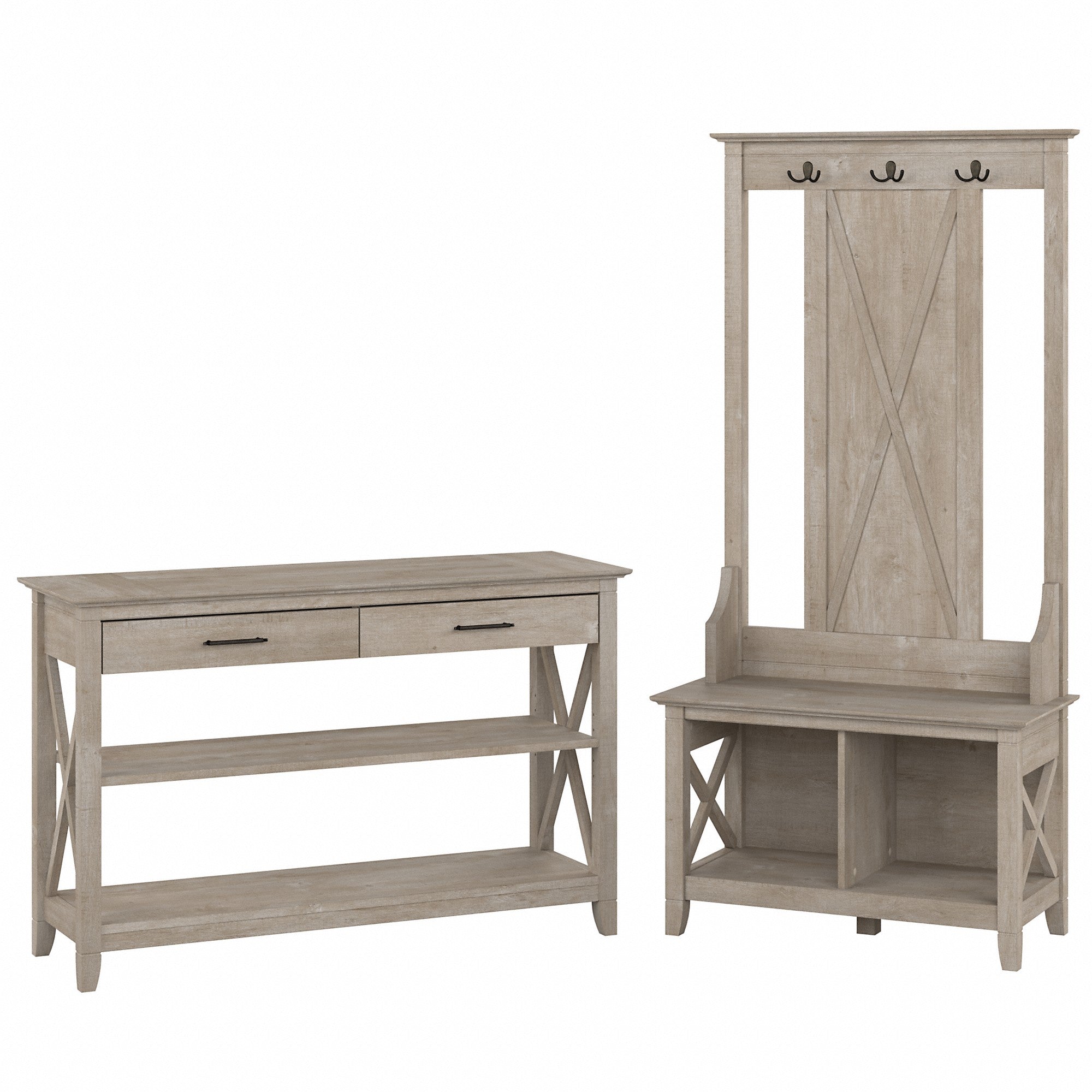 Bush Furniture Key West Entryway Storage Set with Hall Tree, Shoe Bench and Console Table