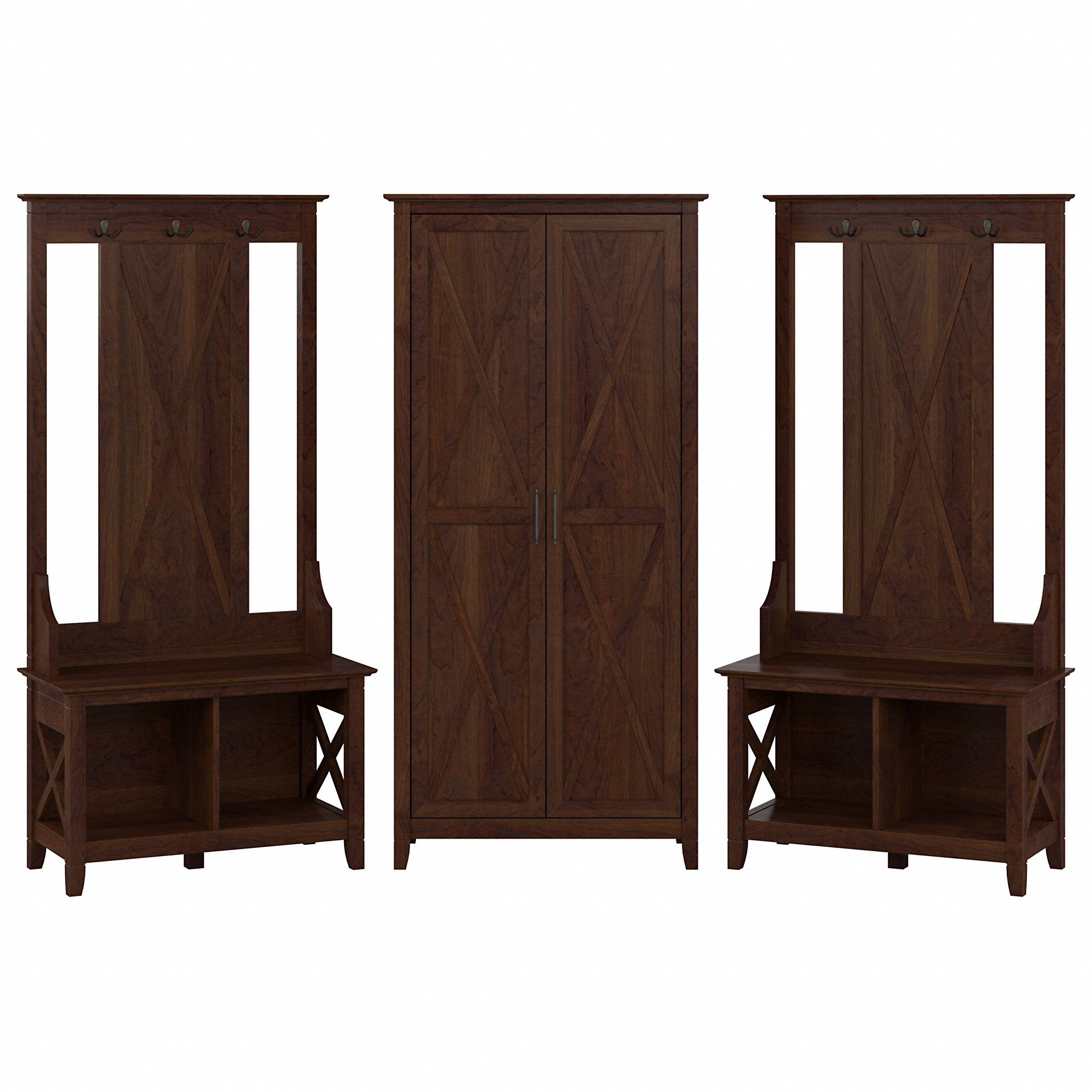 Bush Furniture Key West Entryway Storage Set with Hall Tree, Shoe Bench and Tall Cabinet