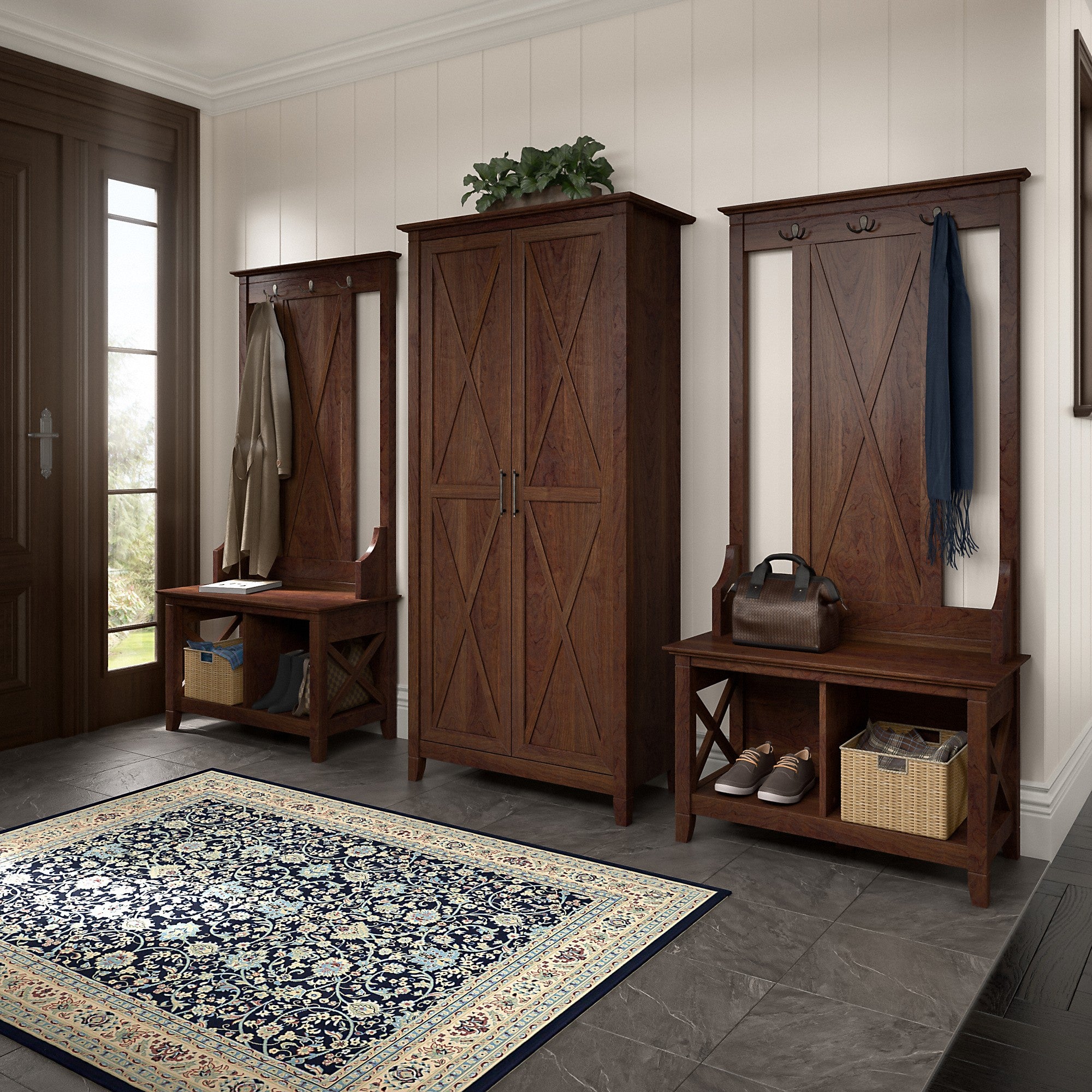 Bush Furniture Key West Entryway Storage Set with Hall Tree, Shoe Bench and Tall Cabinet