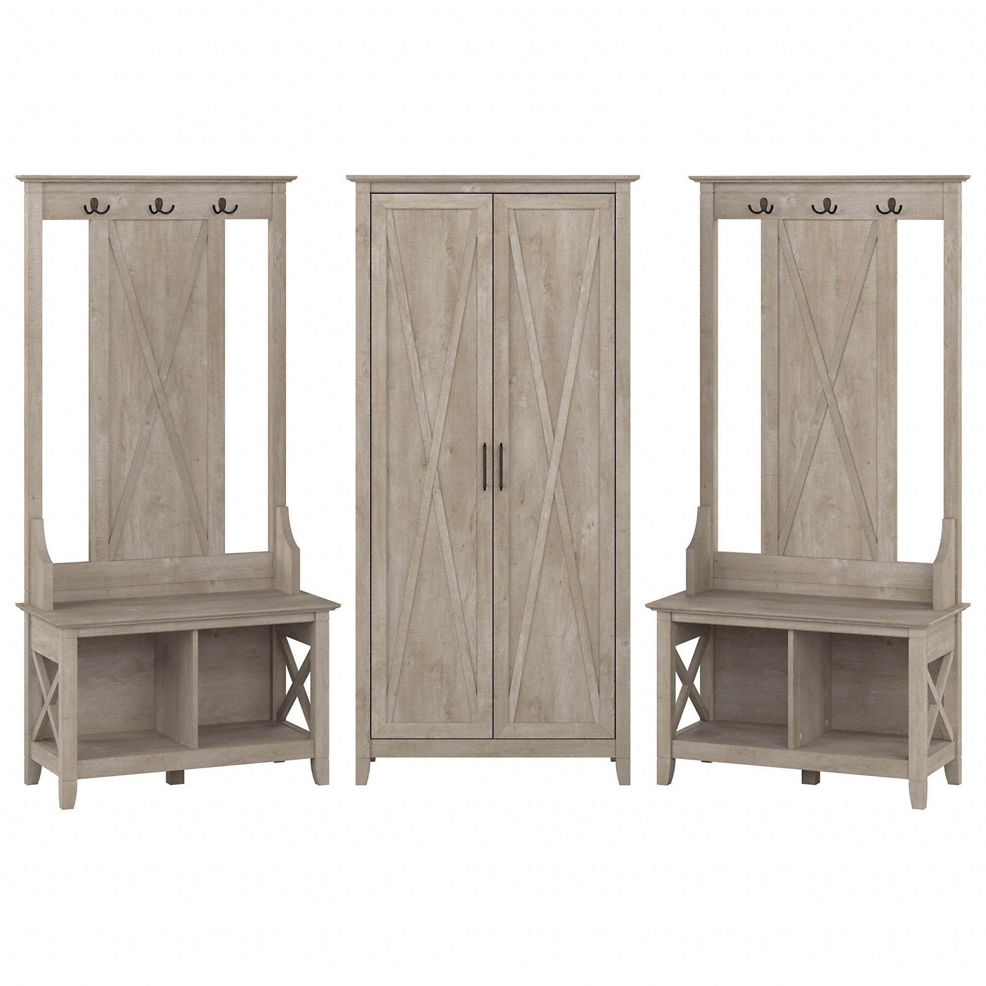 Bush Furniture Key West Entryway Storage Set with Hall Tree, Shoe Bench and Tall Cabinet