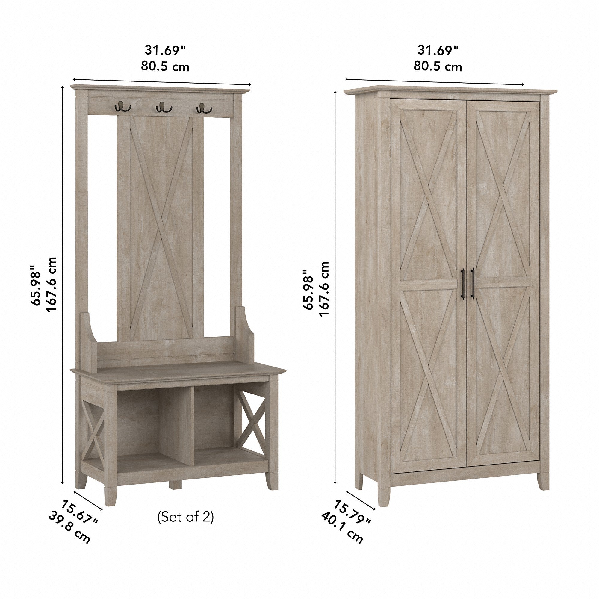 Bush Furniture Key West Entryway Storage Set with Hall Tree, Shoe Bench and Tall Cabinet