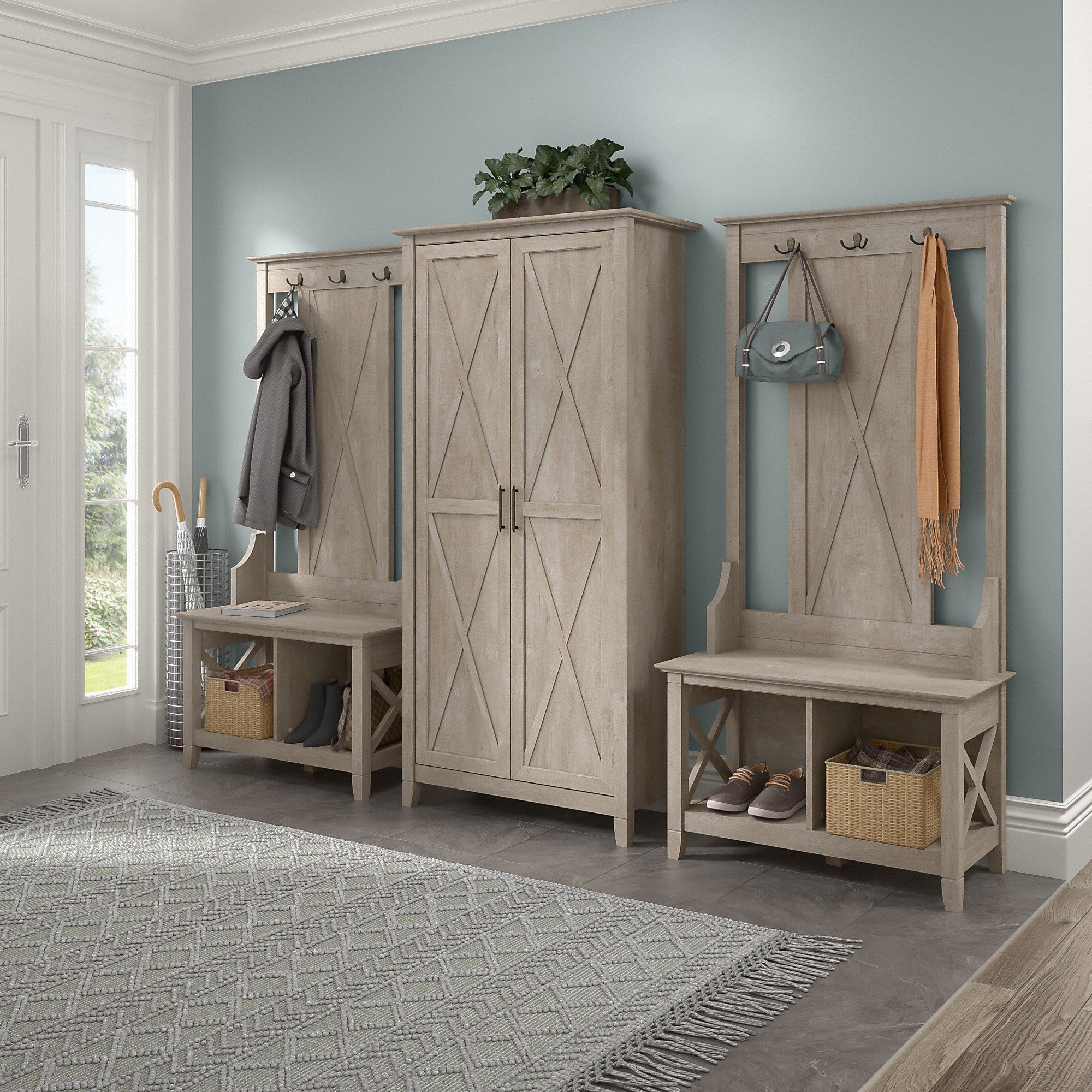 Bush Furniture Key West Entryway Storage Set with Hall Tree, Shoe Bench and Tall Cabinet