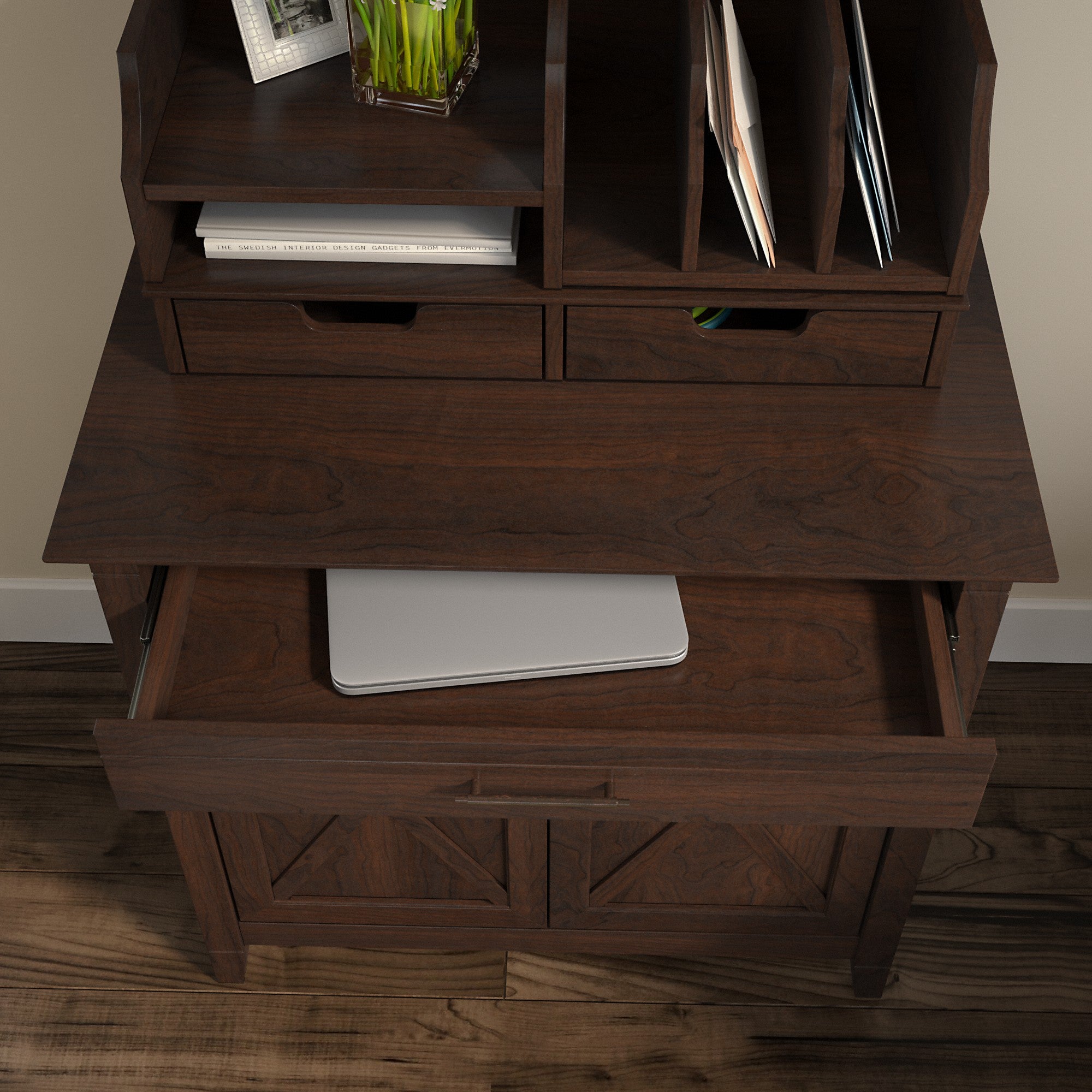 Bush Furniture Key West Secretary Desk with Keyboard Tray and Storage Cabinet