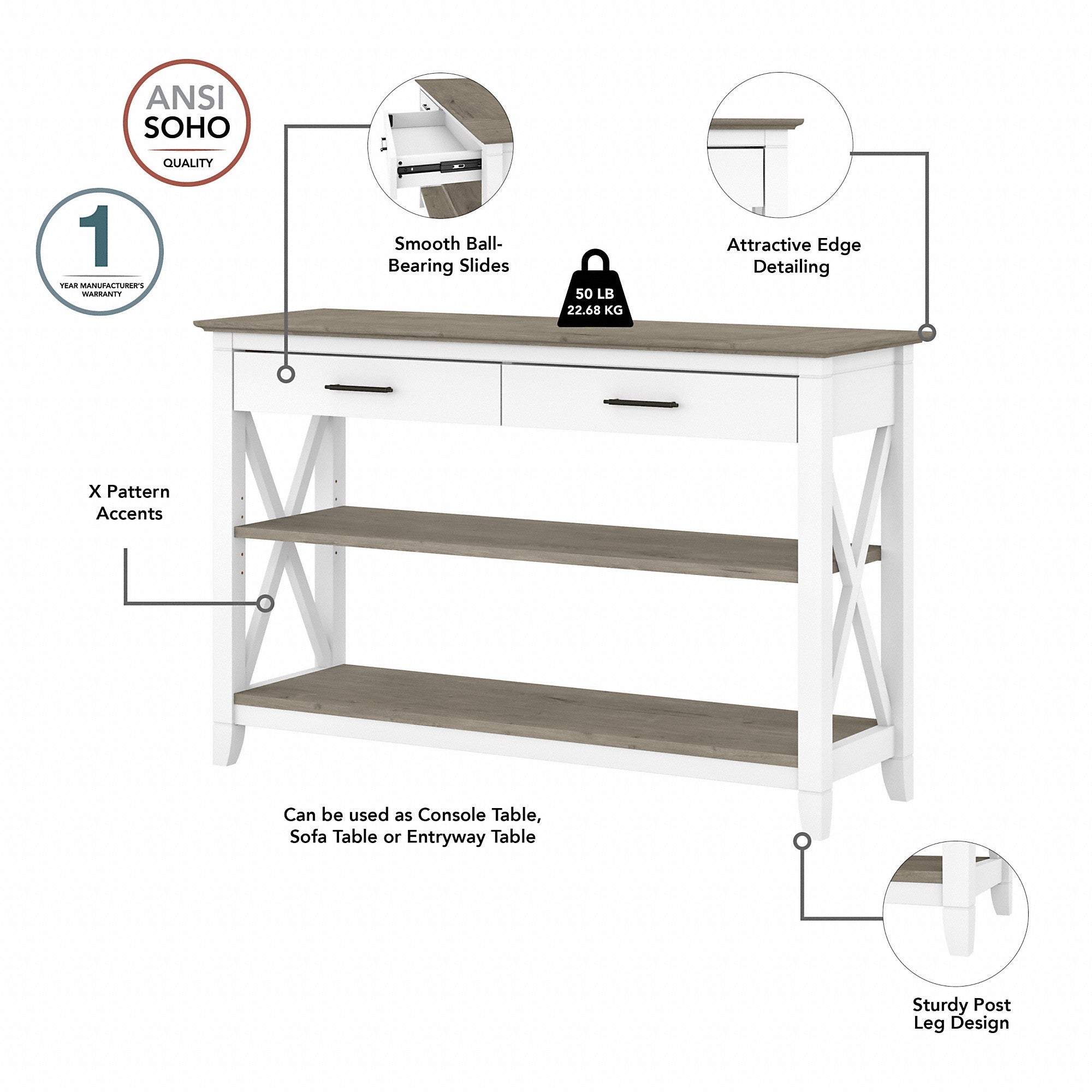 Bush Furniture Key West Console Table with Drawers and Shelves