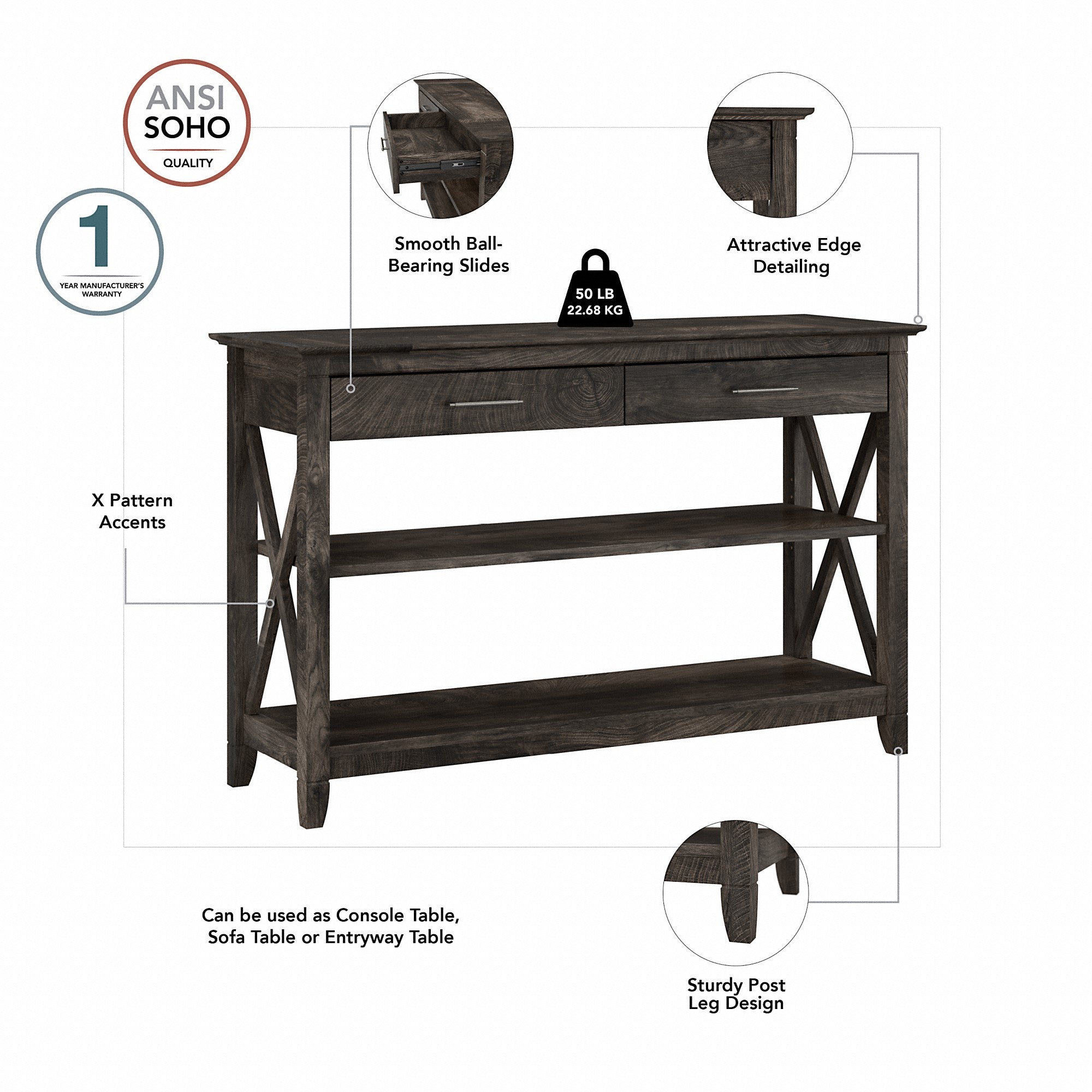 Bush Furniture Key West Console Table with Drawers and Shelves