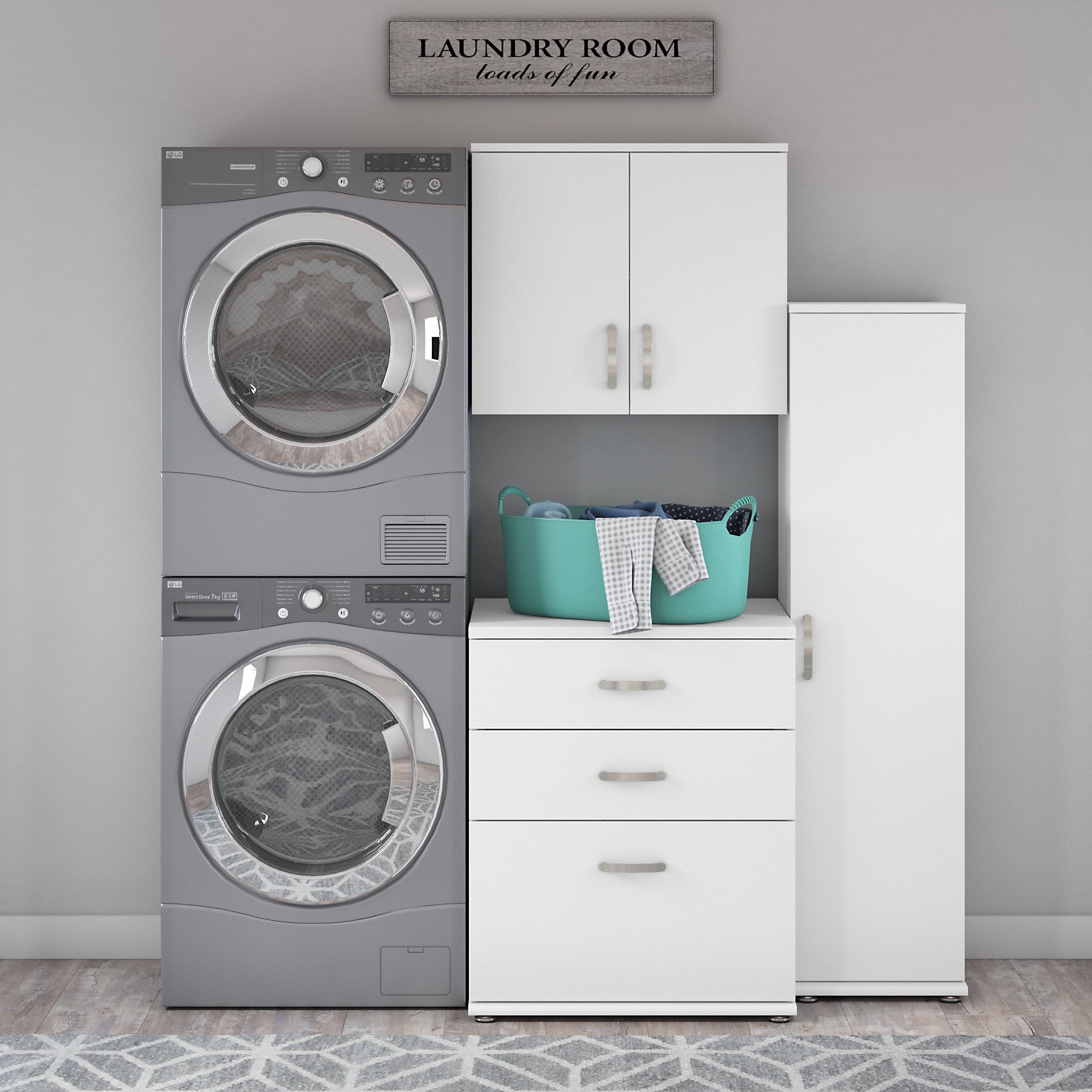 Bush Business Furniture Universal 3 Piece Modular Laundry Room Storage Set with Floor and Wall Cabinets